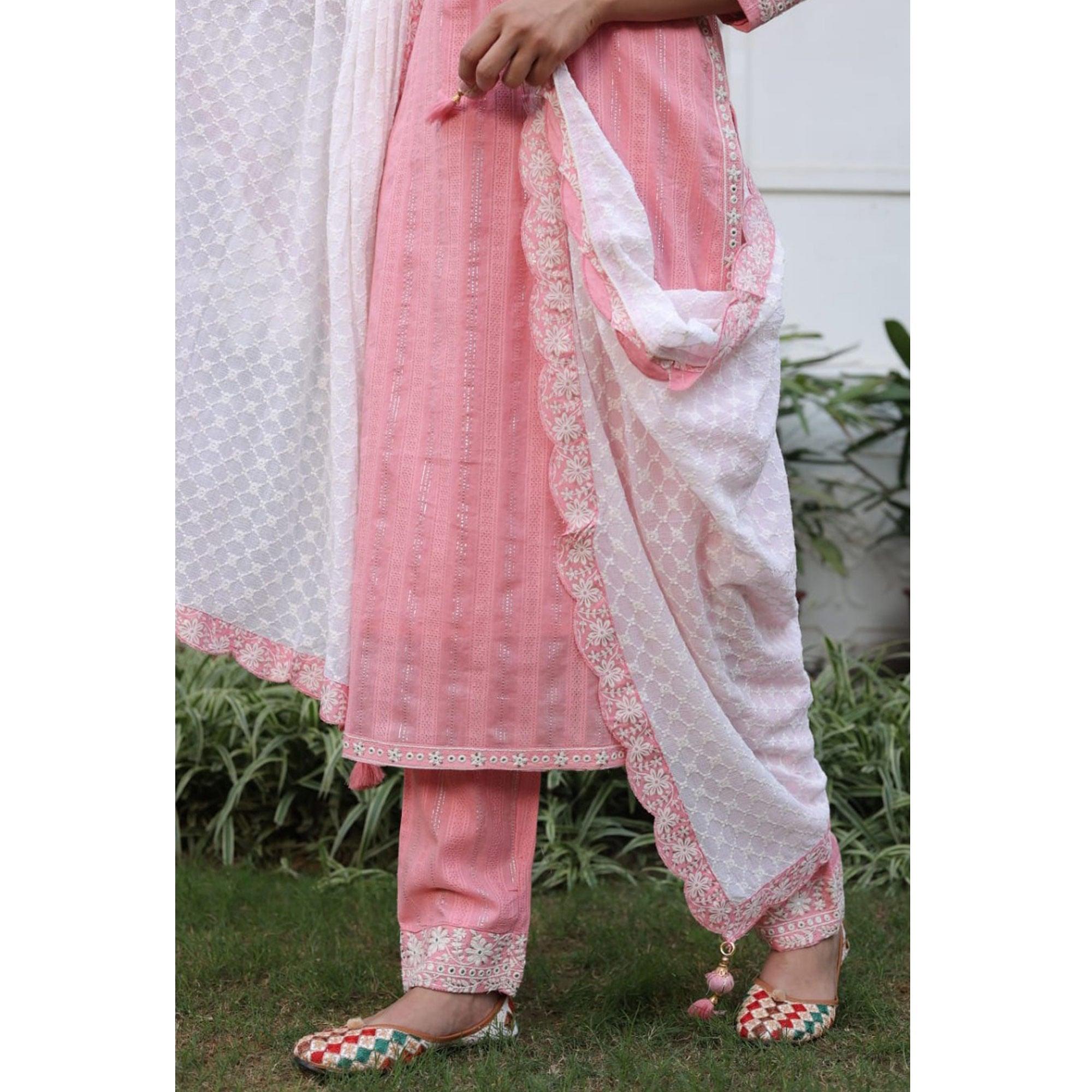 Pink Partywear Embroidery With Embellished Cotton Kurti Pant Set With Dupatta - Peachmode