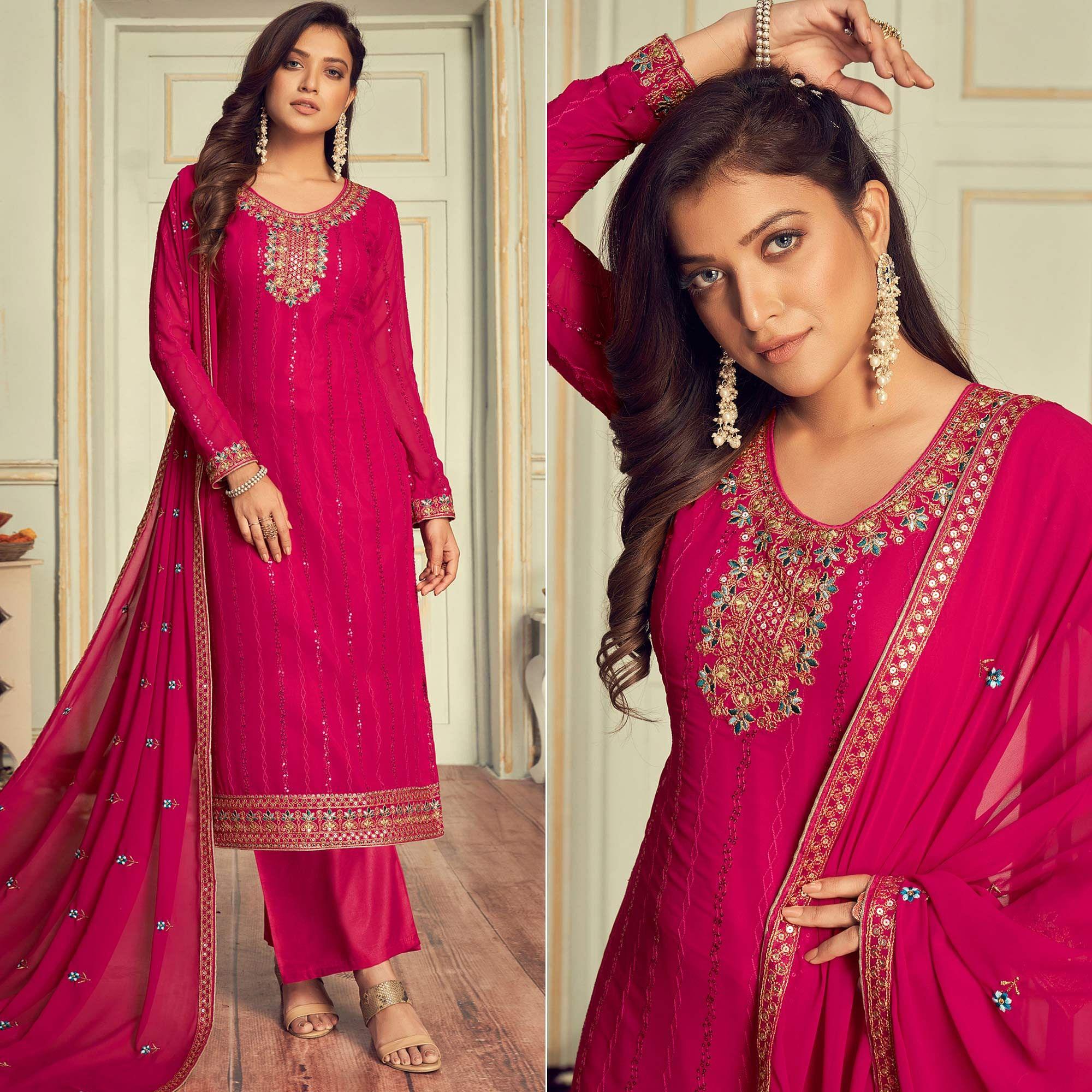 Pink Partywear Embroidery With Embellished Georgette Suit - Peachmode