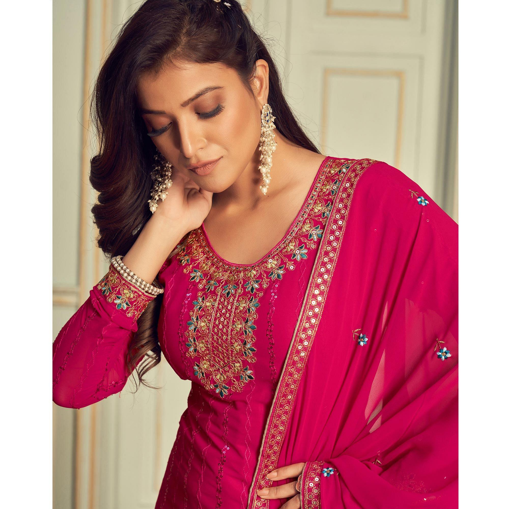 Pink Partywear Embroidery With Embellished Georgette Suit - Peachmode