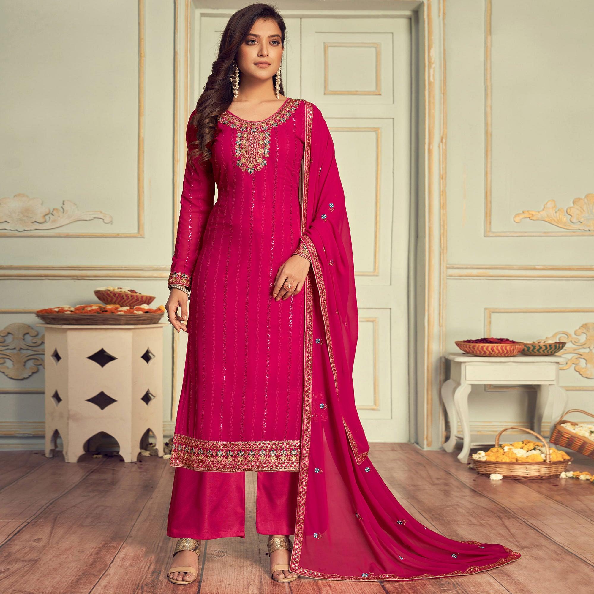 Pink Partywear Embroidery With Embellished Georgette Suit - Peachmode