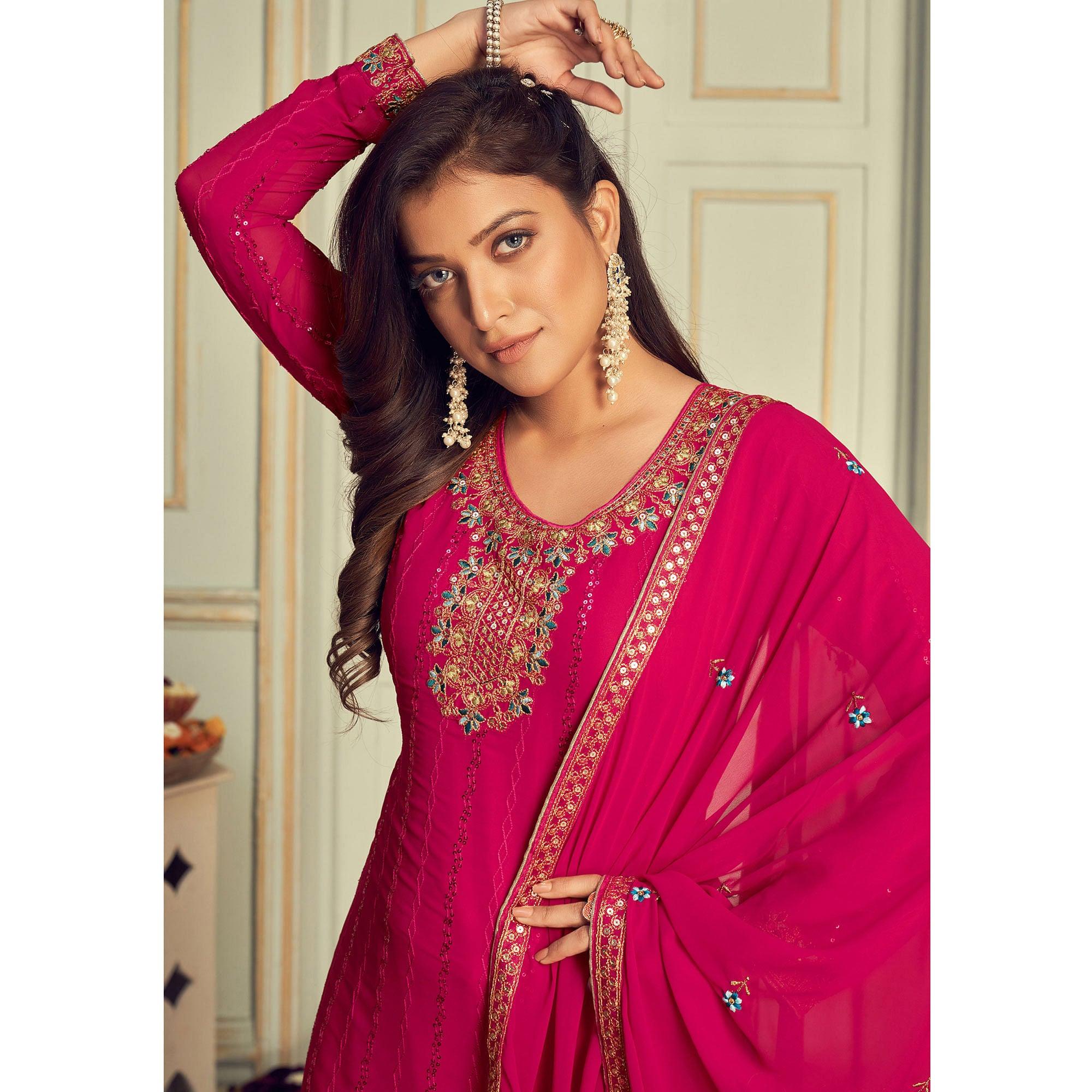 Pink Partywear Embroidery With Embellished Georgette Suit - Peachmode
