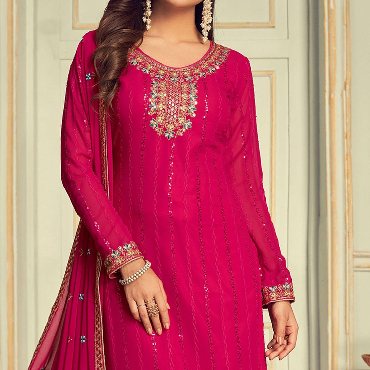 Pink Partywear Embroidery With Embellished Georgette Suit - Peachmode