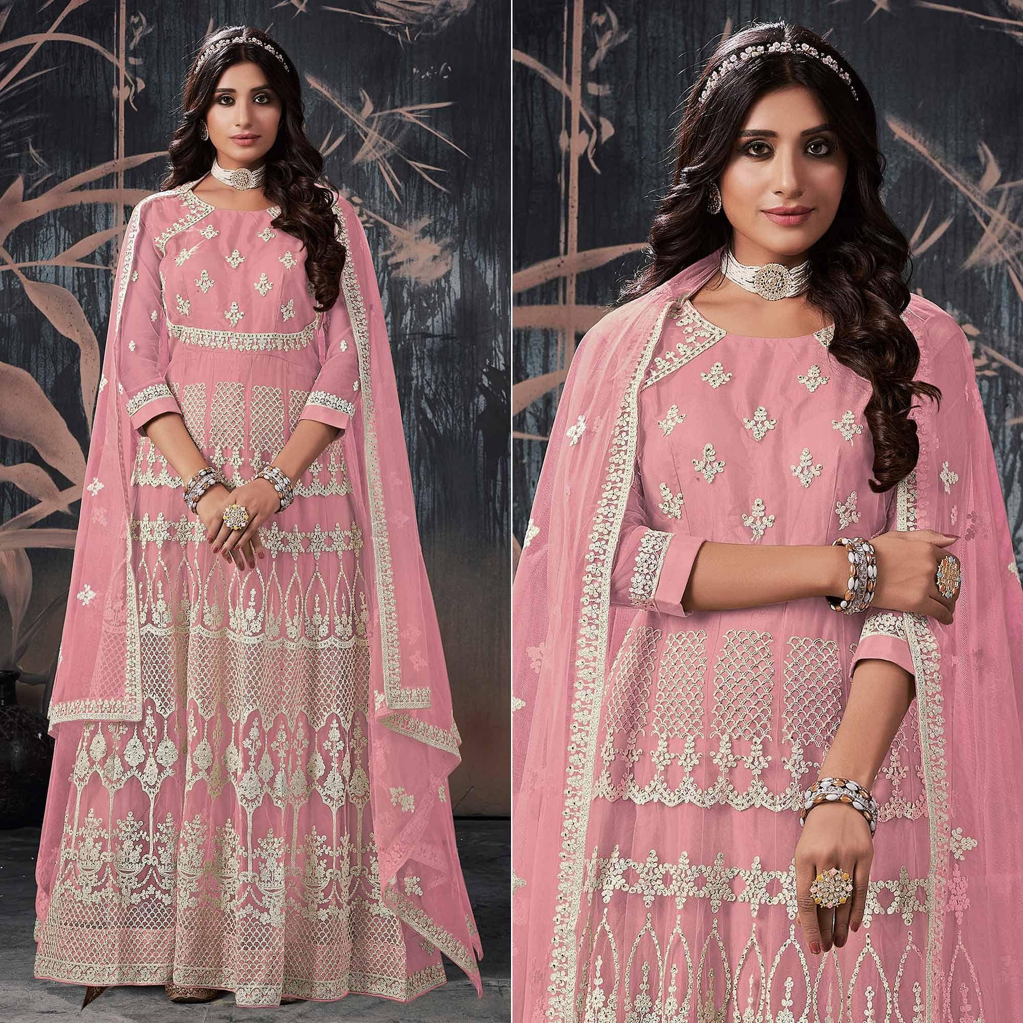 Pink Partywear Embroidery With Embellished Net Gown - Peachmode