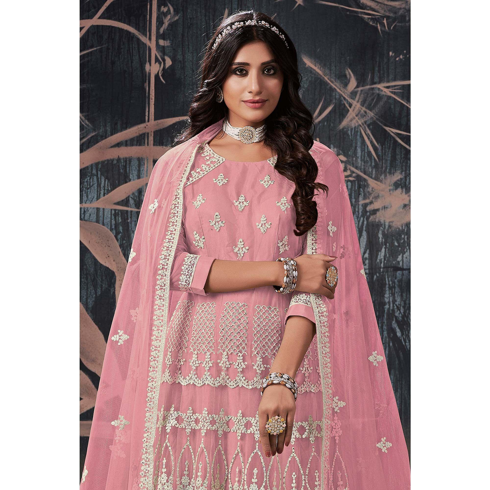 Pink Partywear Embroidery With Embellished Net Gown - Peachmode