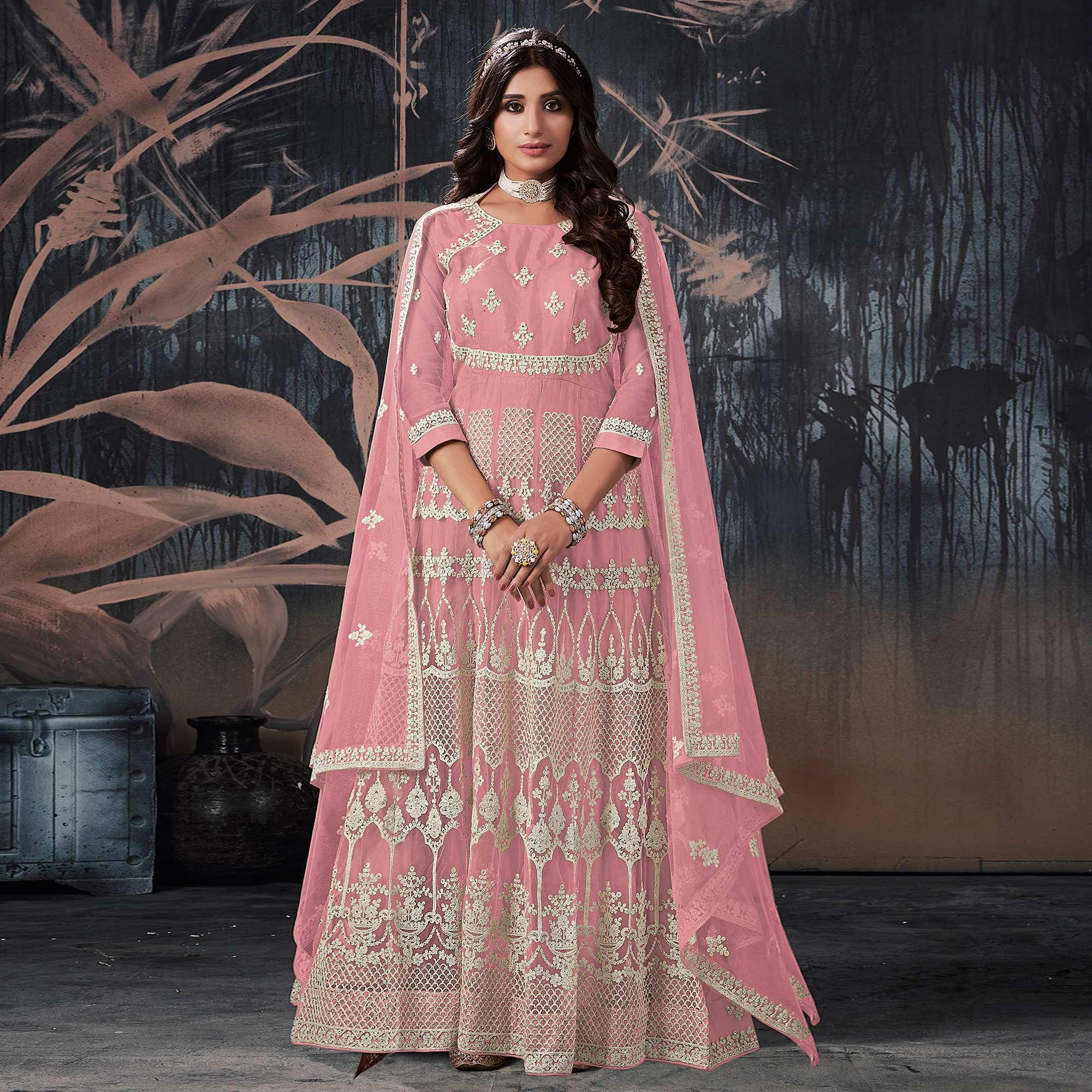 Pink Partywear Embroidery With Embellished Net Gown - Peachmode