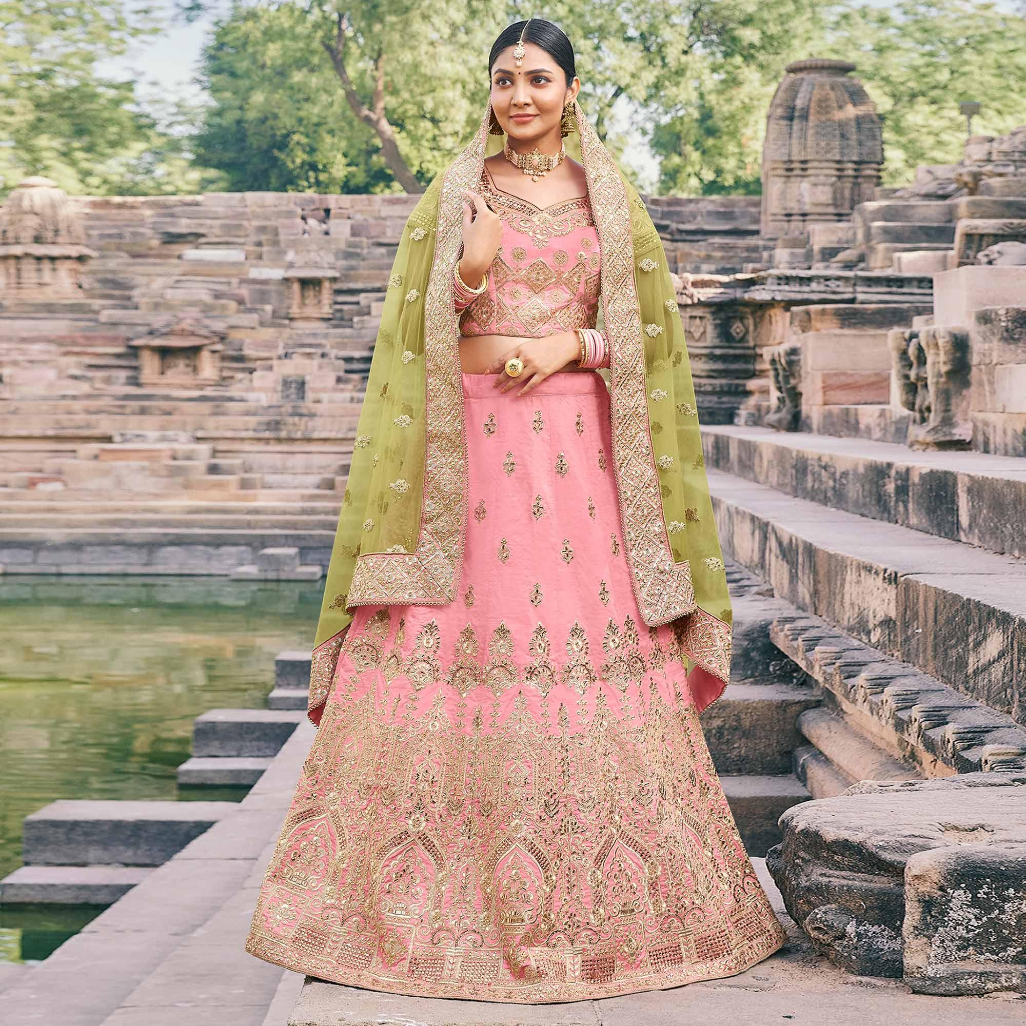 Pink Partywear Embroidery With Zari & Diamond Handloom Silk Lehenga Choli - Peachmode