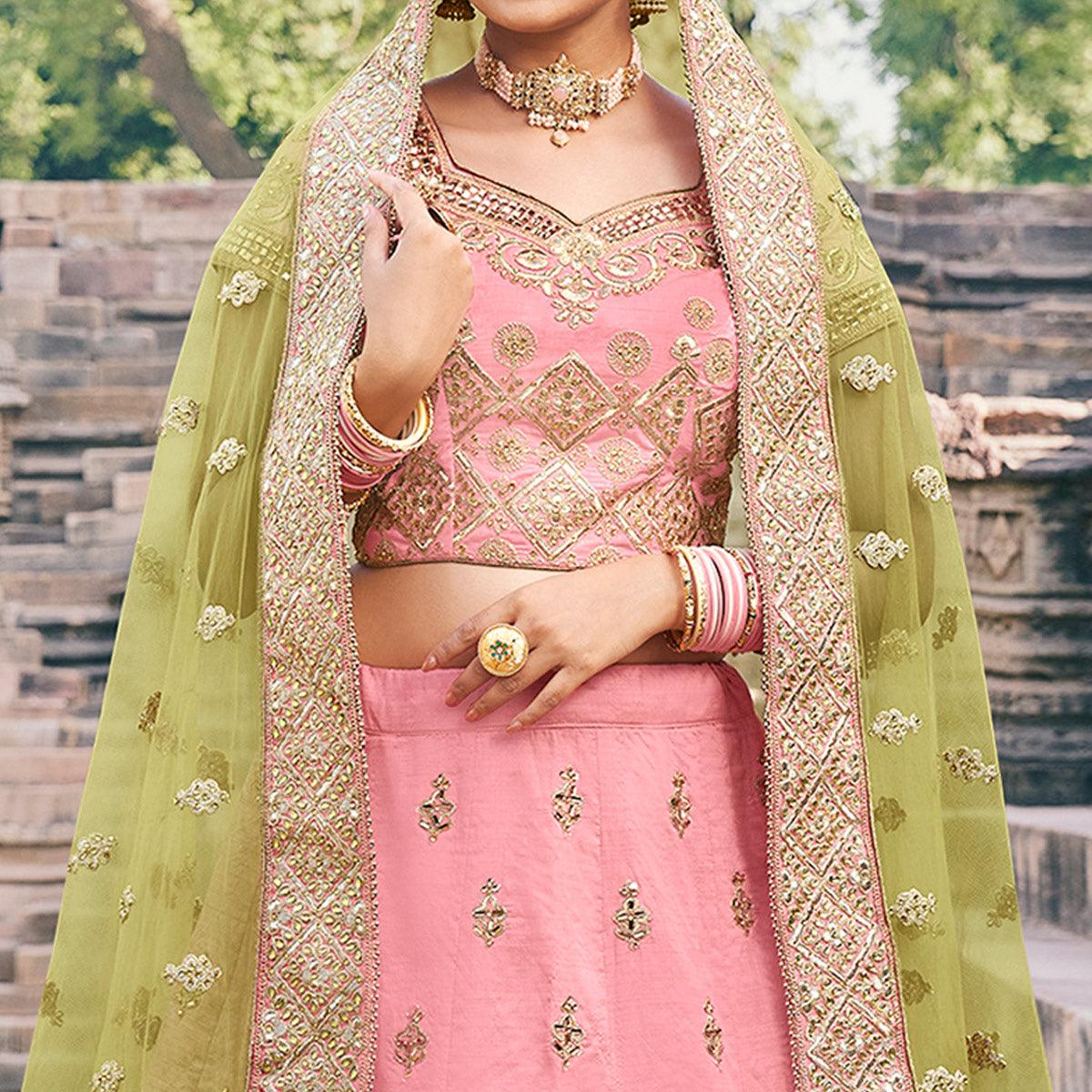 Pink Partywear Embroidery With Zari & Diamond Handloom Silk Lehenga Choli - Peachmode