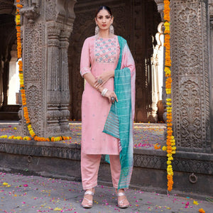 Pink Partywear Floral Embroidered Chanderi Kurti Pant Set With Dupatta - Peachmode