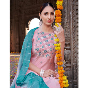 Pink Partywear Floral Embroidered Chanderi Kurti Pant Set With Dupatta - Peachmode