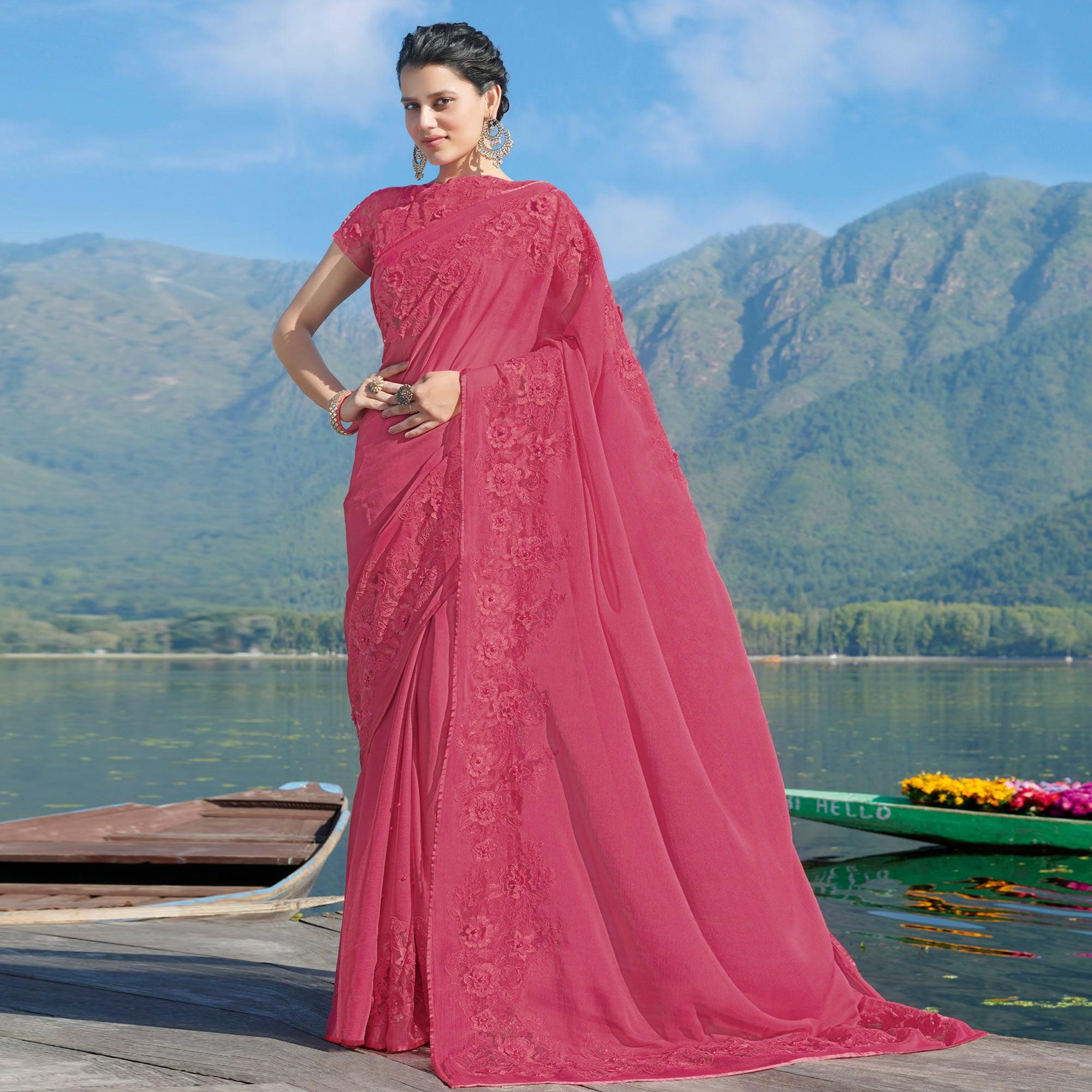 Pink Partywear Floral Embroidered Chiffon Saree - Peachmode