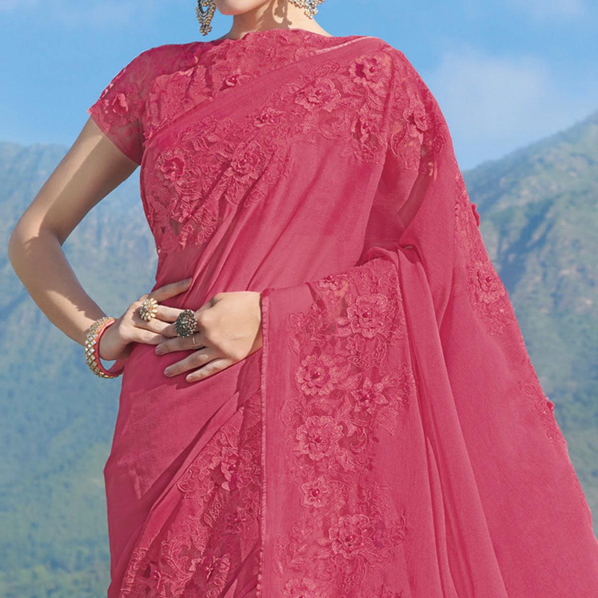 Pink Partywear Floral Embroidered Chiffon Saree - Peachmode