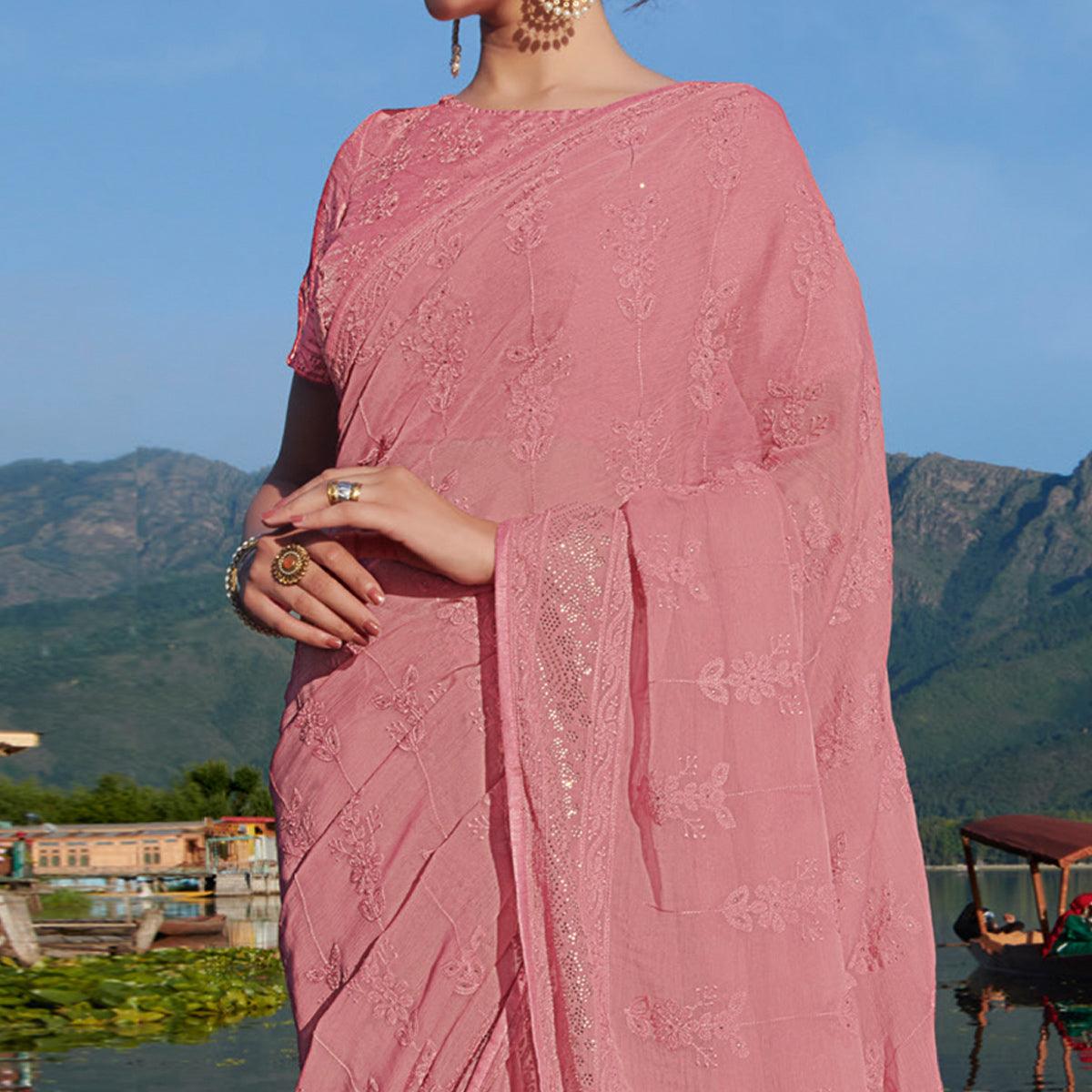Pink Partywear Floral Embroidered Chiffon Saree - Peachmode