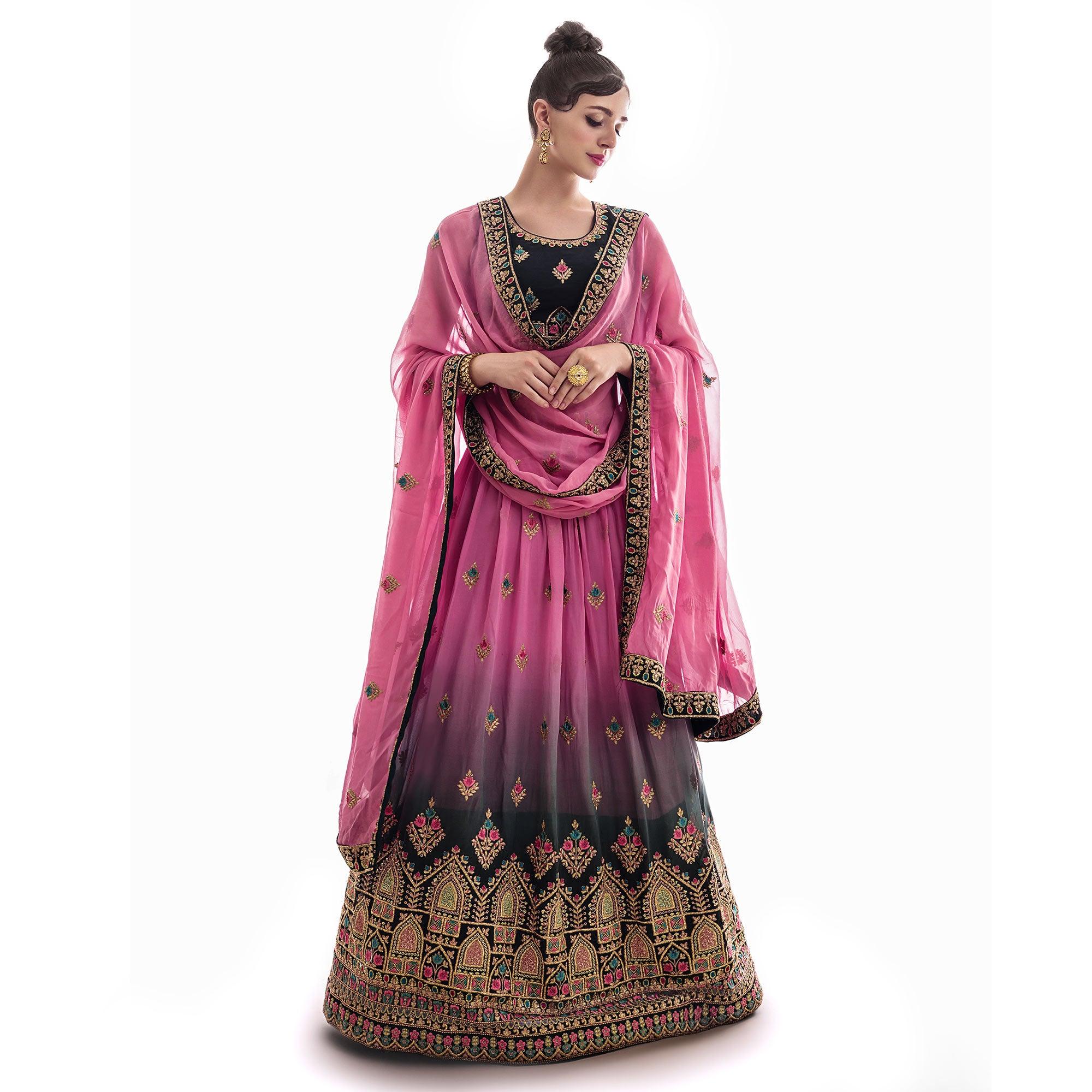 Pink Partywear Floral Embroidered Georgette Lehenga Choli - Peachmode