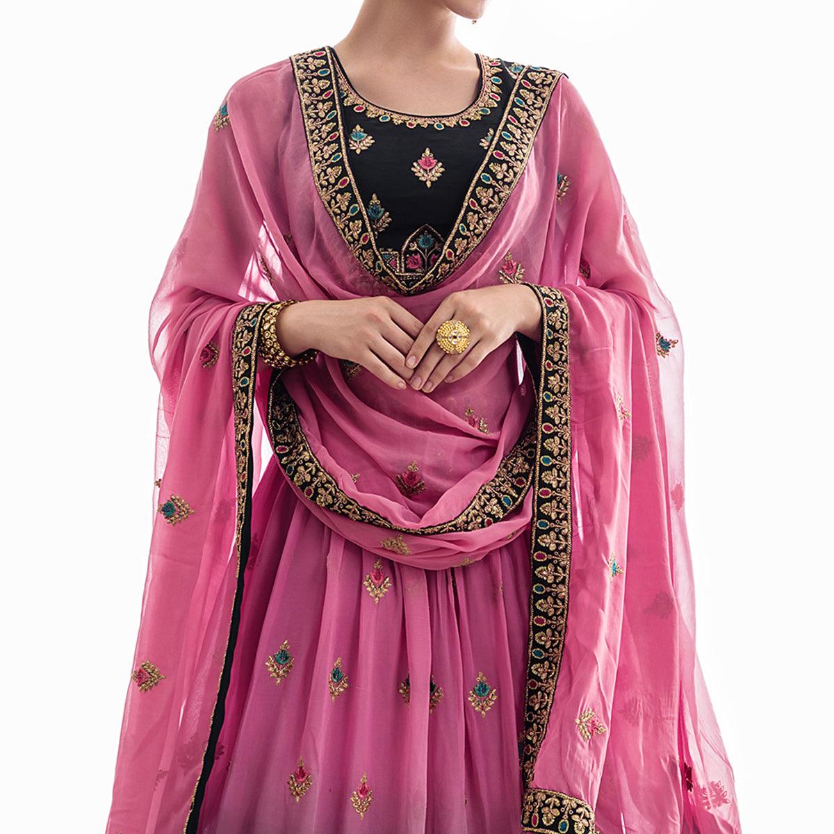 Pink Partywear Floral Embroidered Georgette Lehenga Choli - Peachmode