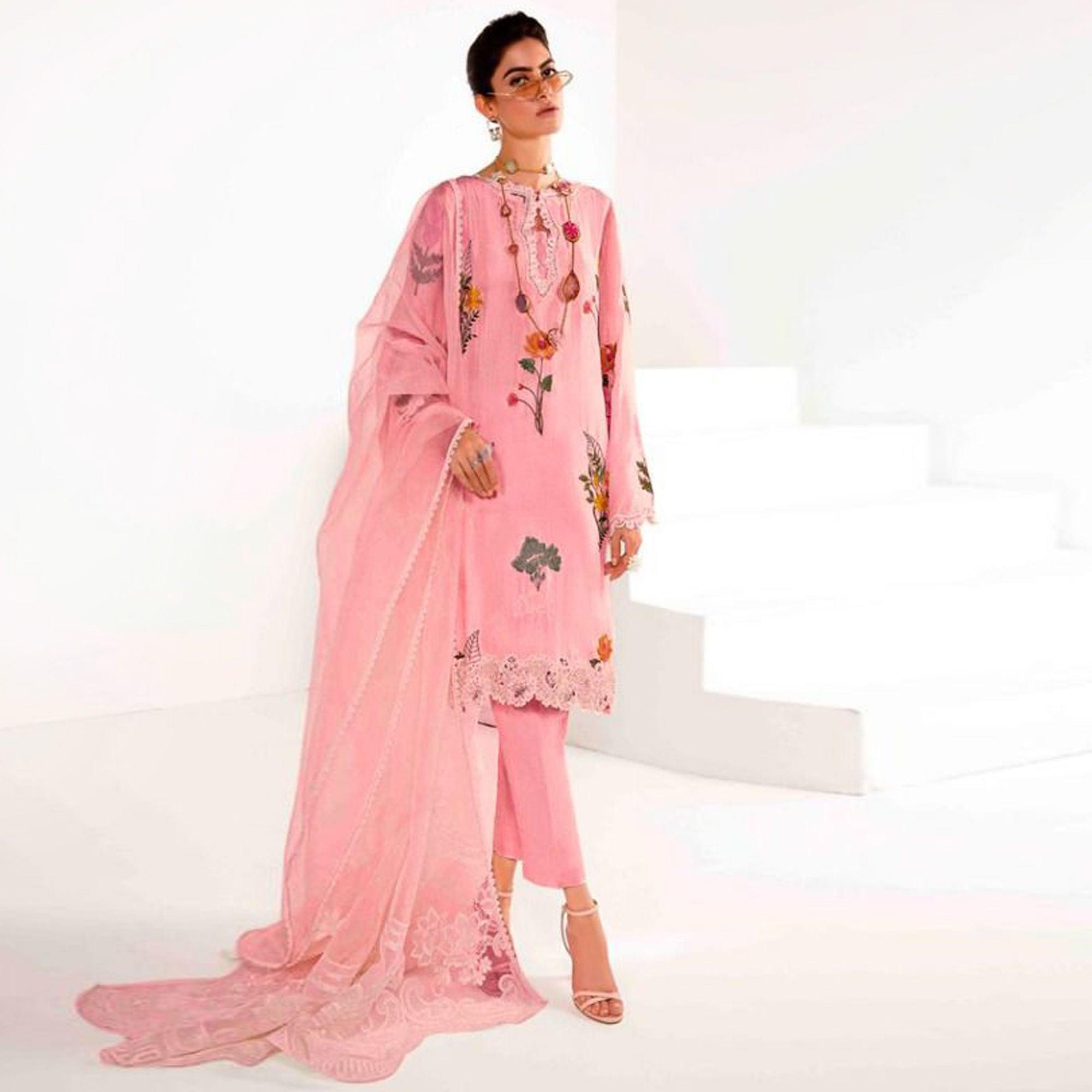Pink Partywear Floral Embroidered Georgette Pakistani Suit - Peachmode