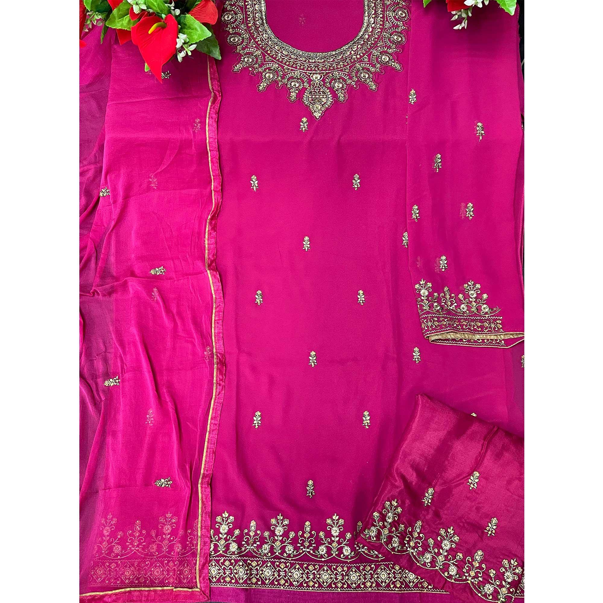 Pink Partywear Floral Embroidered Georgette Straight Salwar Suit - Peachmode