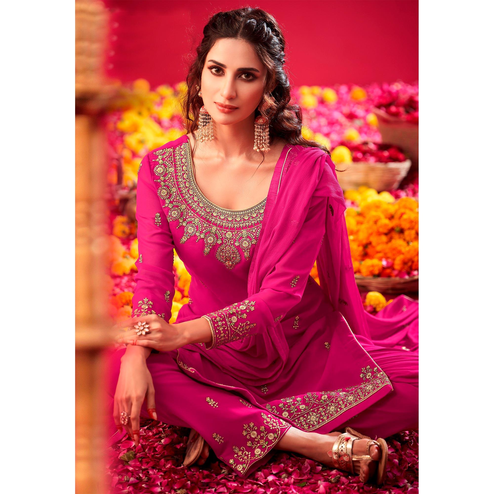 Pink Partywear Floral Embroidered Georgette Straight Salwar Suit - Peachmode