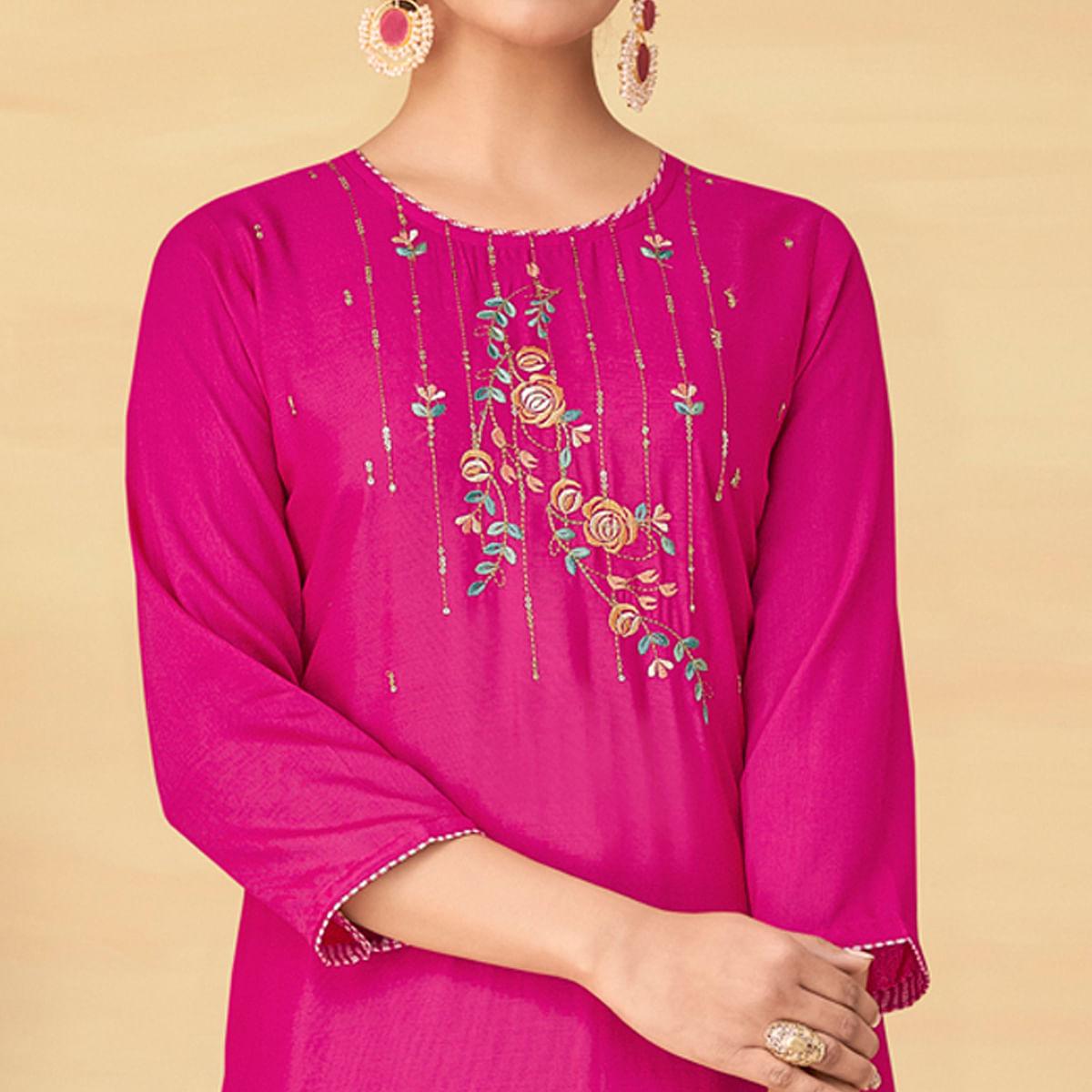 Pink Partywear Floral Embroidered Rayon Kurti Palazzo Set - Peachmode
