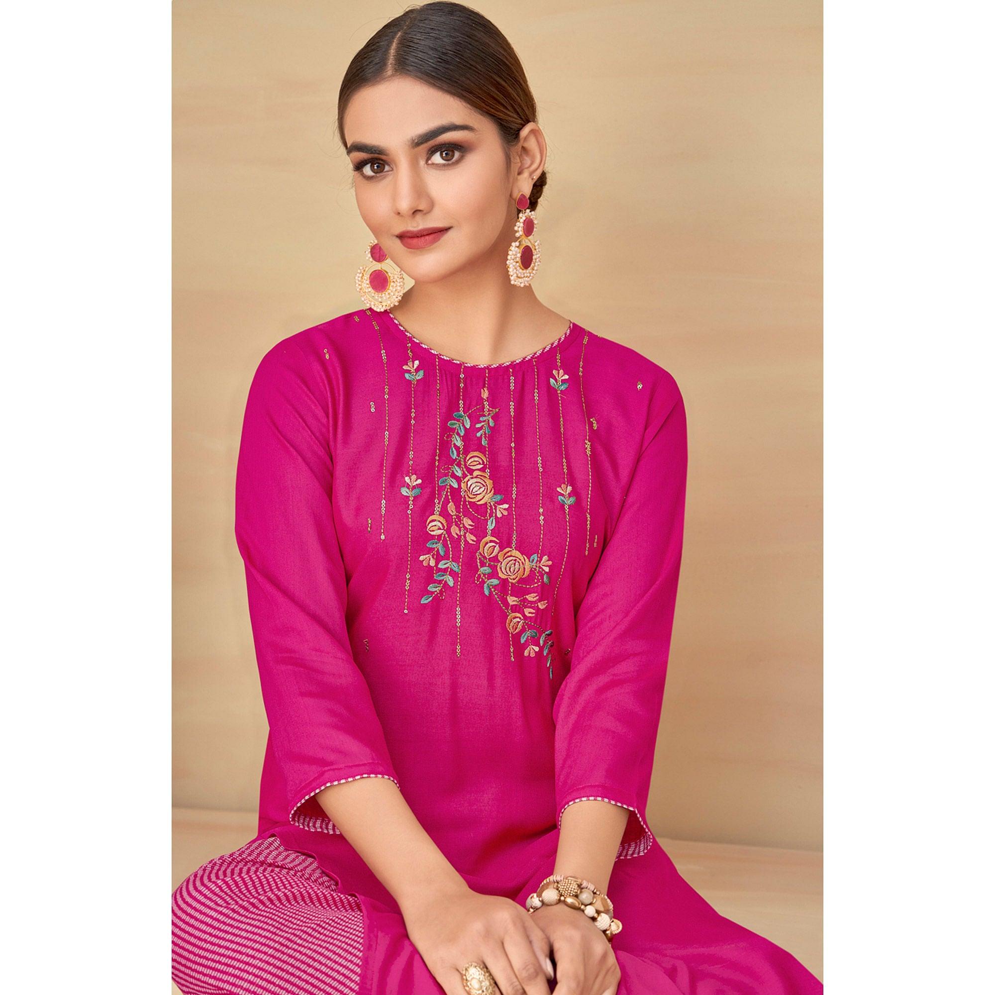 Pink Partywear Floral Embroidered Rayon Kurti Palazzo Set - Peachmode