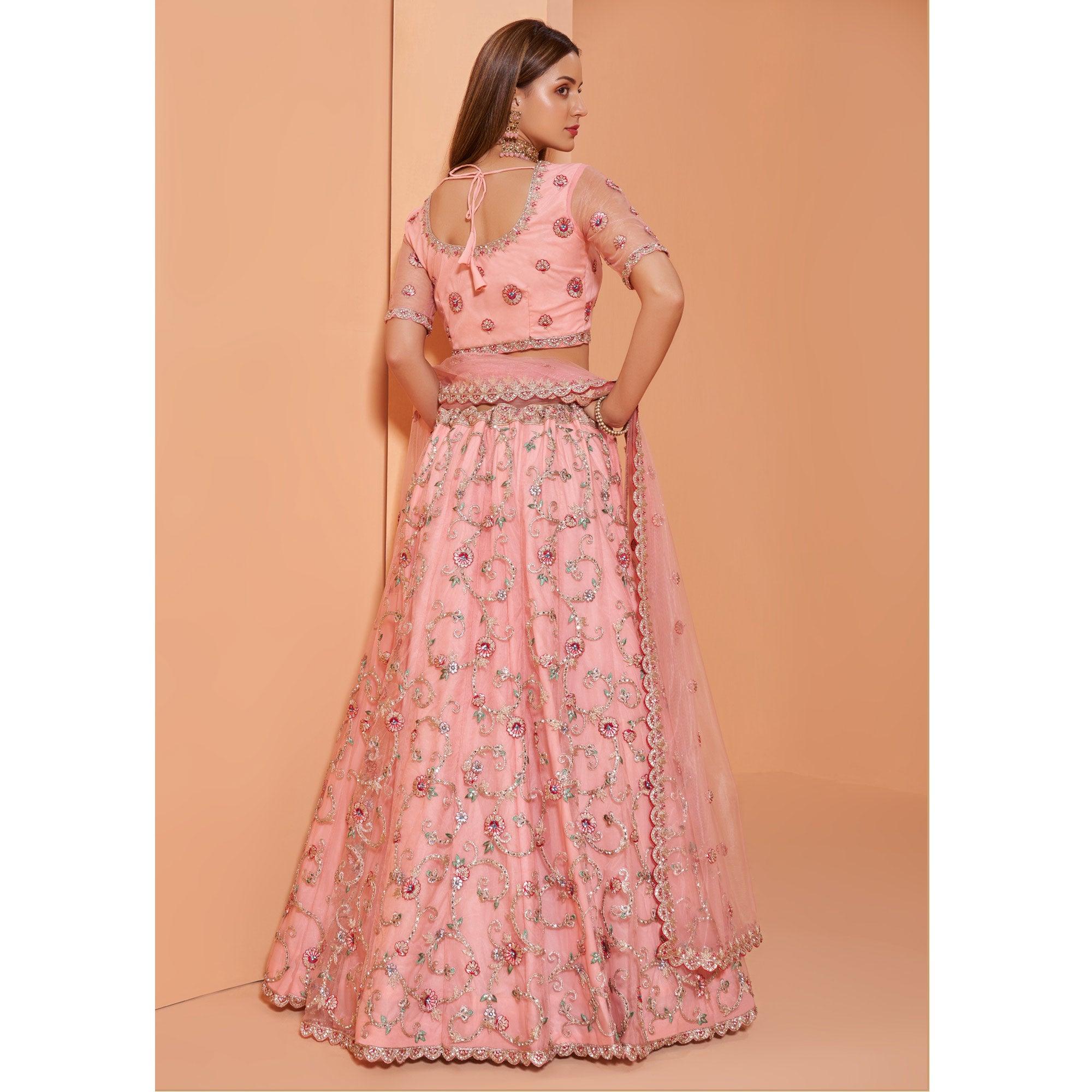 Pink Partywear Floral Embroidered With Embellished Net Lehenga Choli - Peachmode
