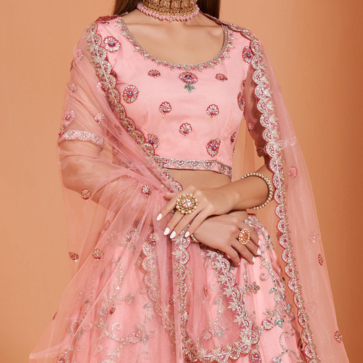 Pink Partywear Floral Embroidered With Embellished Net Lehenga Choli - Peachmode