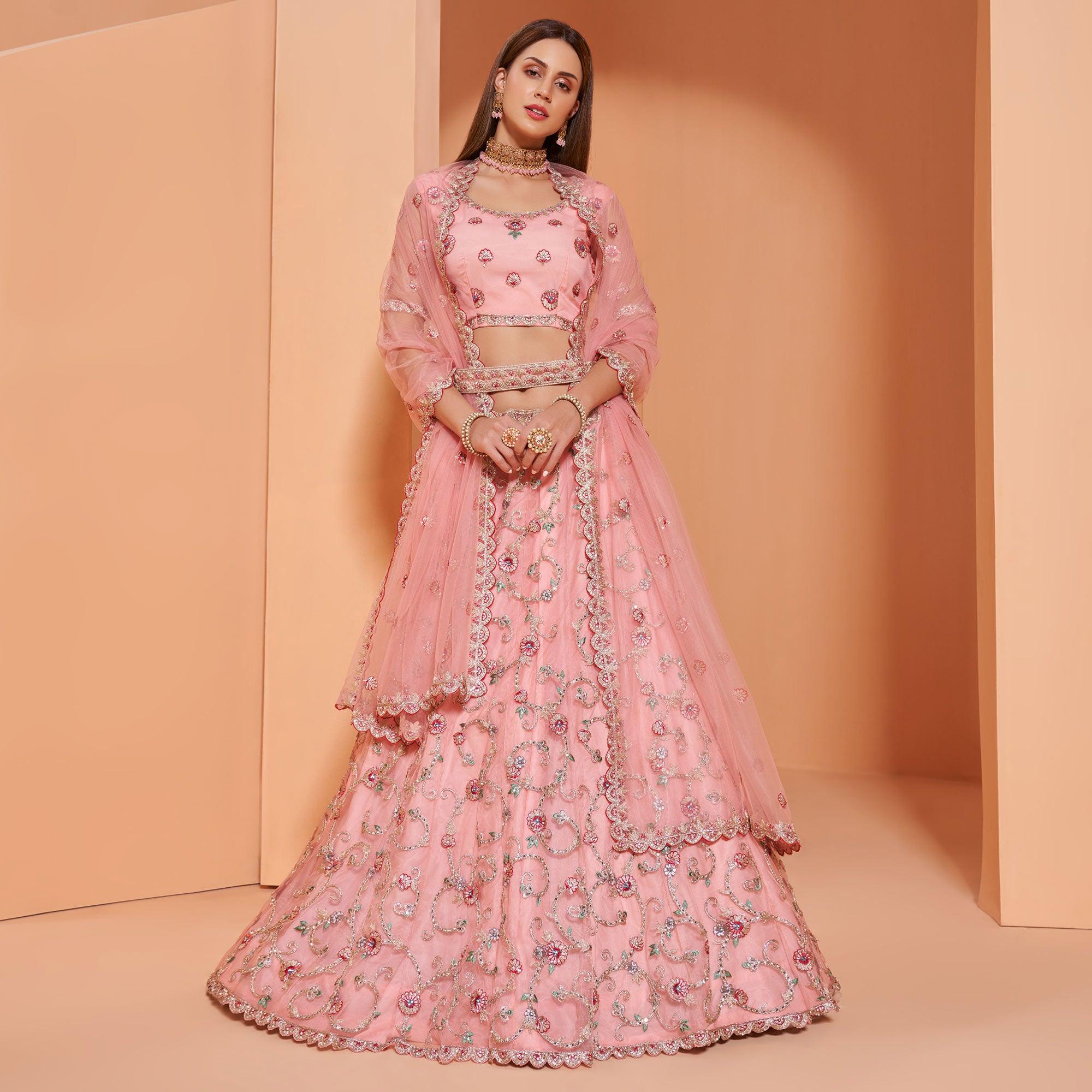 Pink Partywear Floral Embroidered With Embellished Net Lehenga Choli - Peachmode