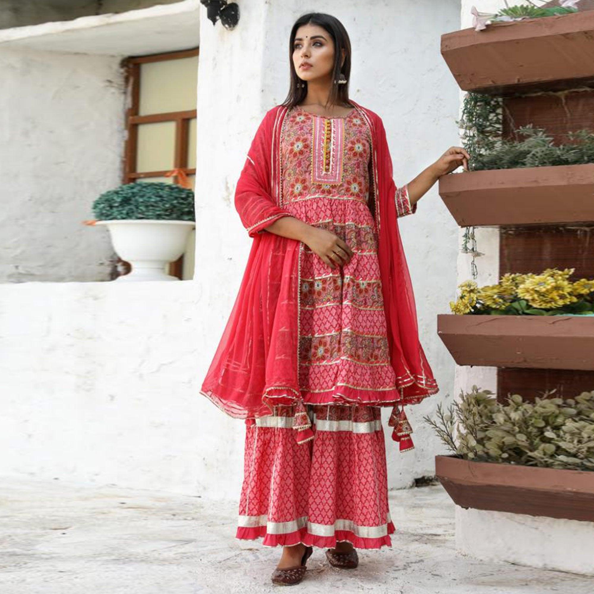 Pink Partywear Floral With Lace Work Cotton Sharara Suit - Peachmode