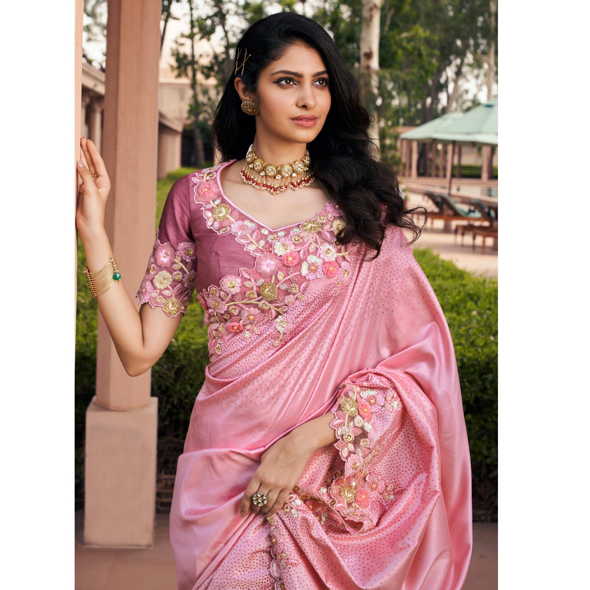 Pink Partywear Foil Print & Embroidered Russian Silk Saree - Peachmode