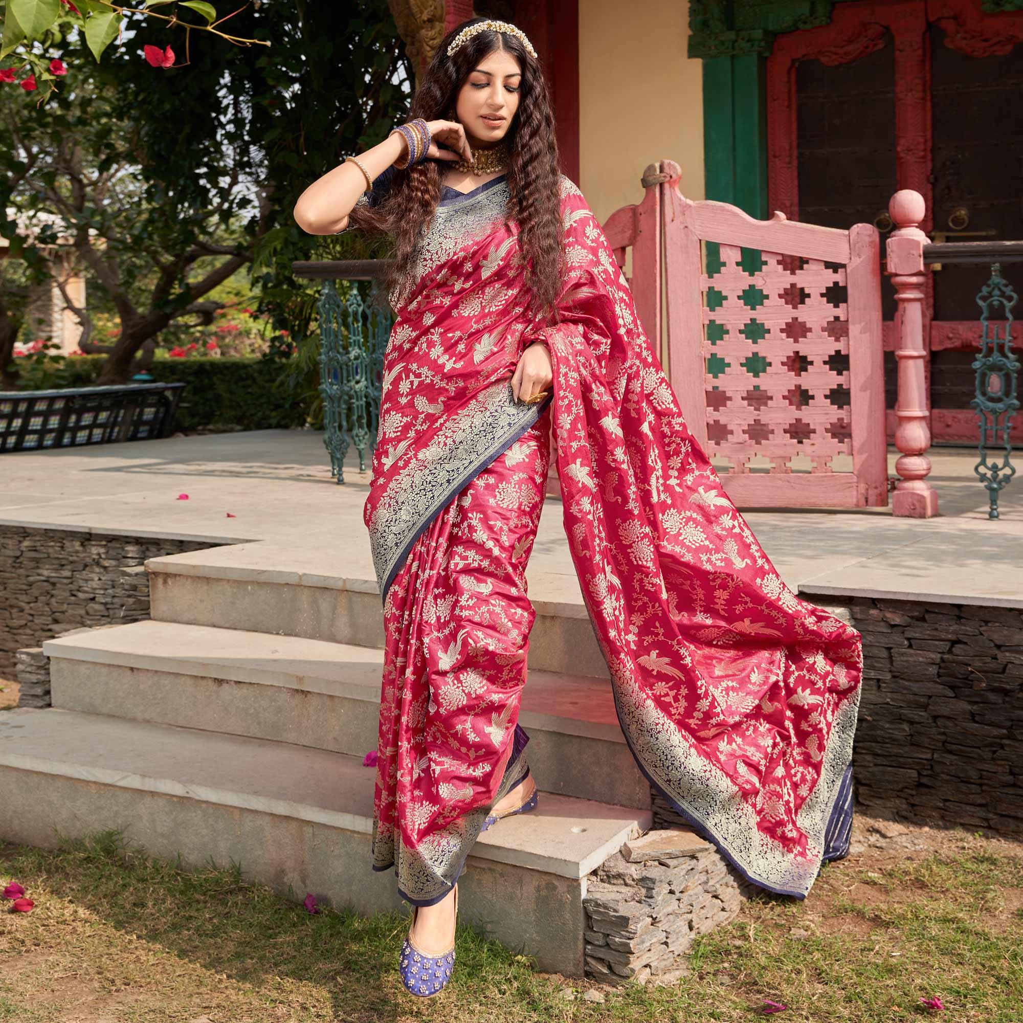Pink Partywear Foil Printed Silk Organza Saree - Peachmode