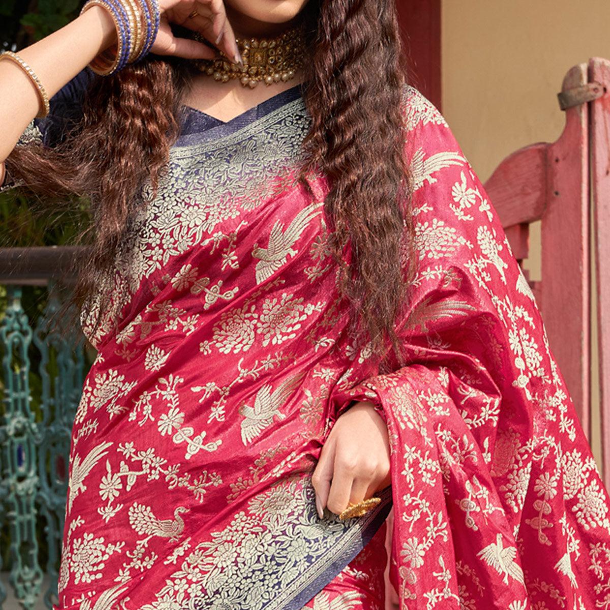 Pink Partywear Foil Printed Silk Organza Saree - Peachmode