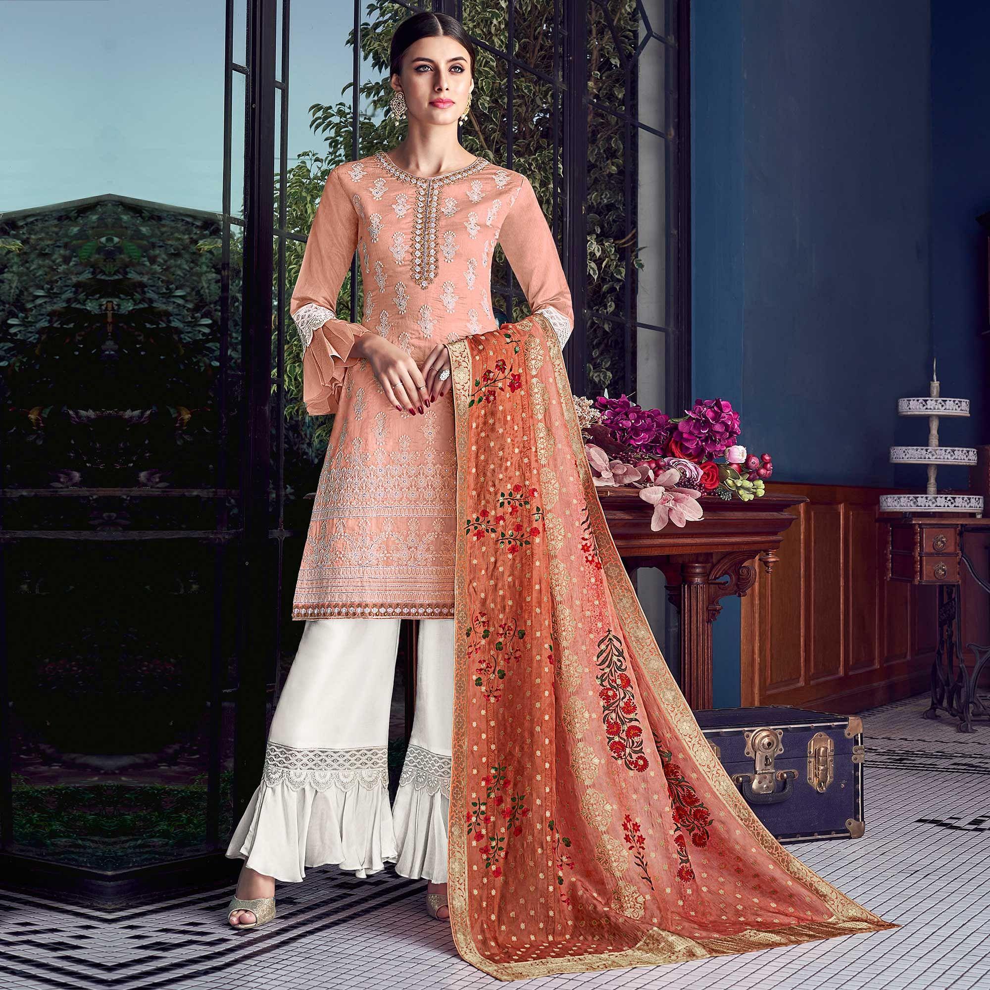 Pink Partywear Lakhnavi Embroidered Silk Dress Material - Peachmode