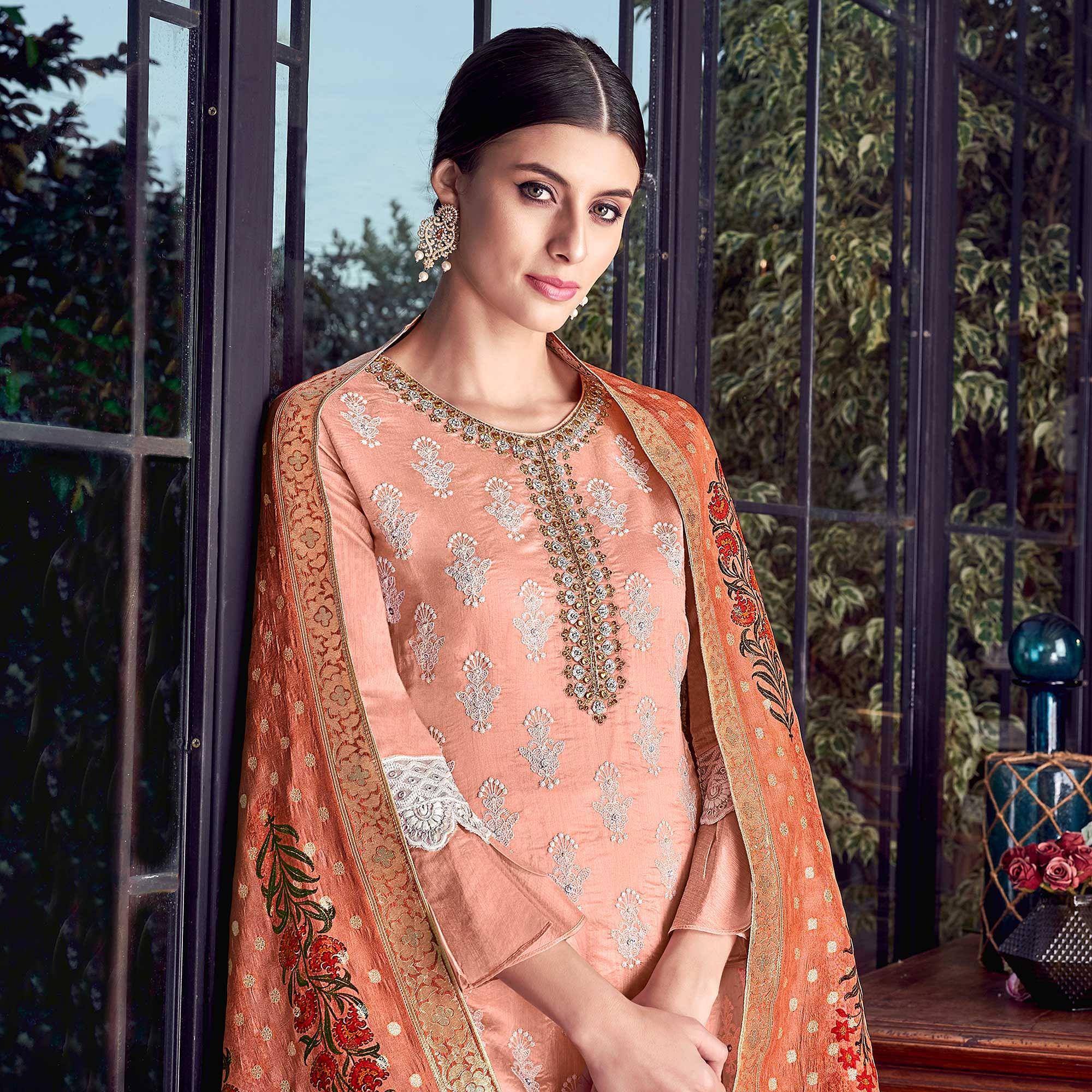 Pink Partywear Lakhnavi Embroidered Silk Dress Material - Peachmode
