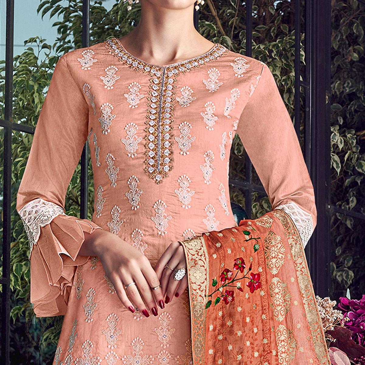 Pink Partywear Lakhnavi Embroidered Silk Dress Material - Peachmode