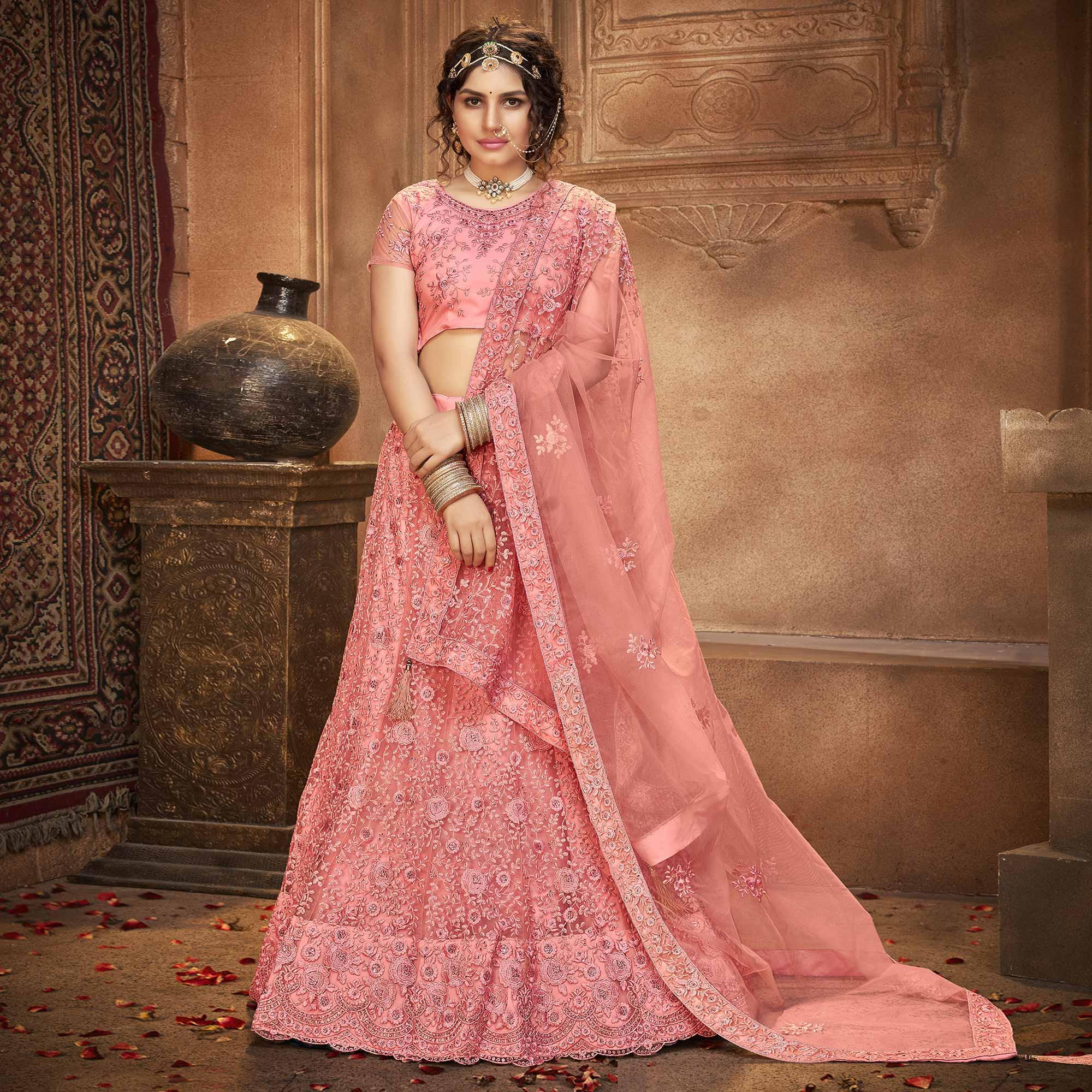 Pink Partywear Multi Sequence Embroidered Net Lehenga Choli - Peachmode