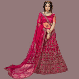 Pink Partywear Multi Sequence Embroidered Net Lehenga Choli - Peachmode