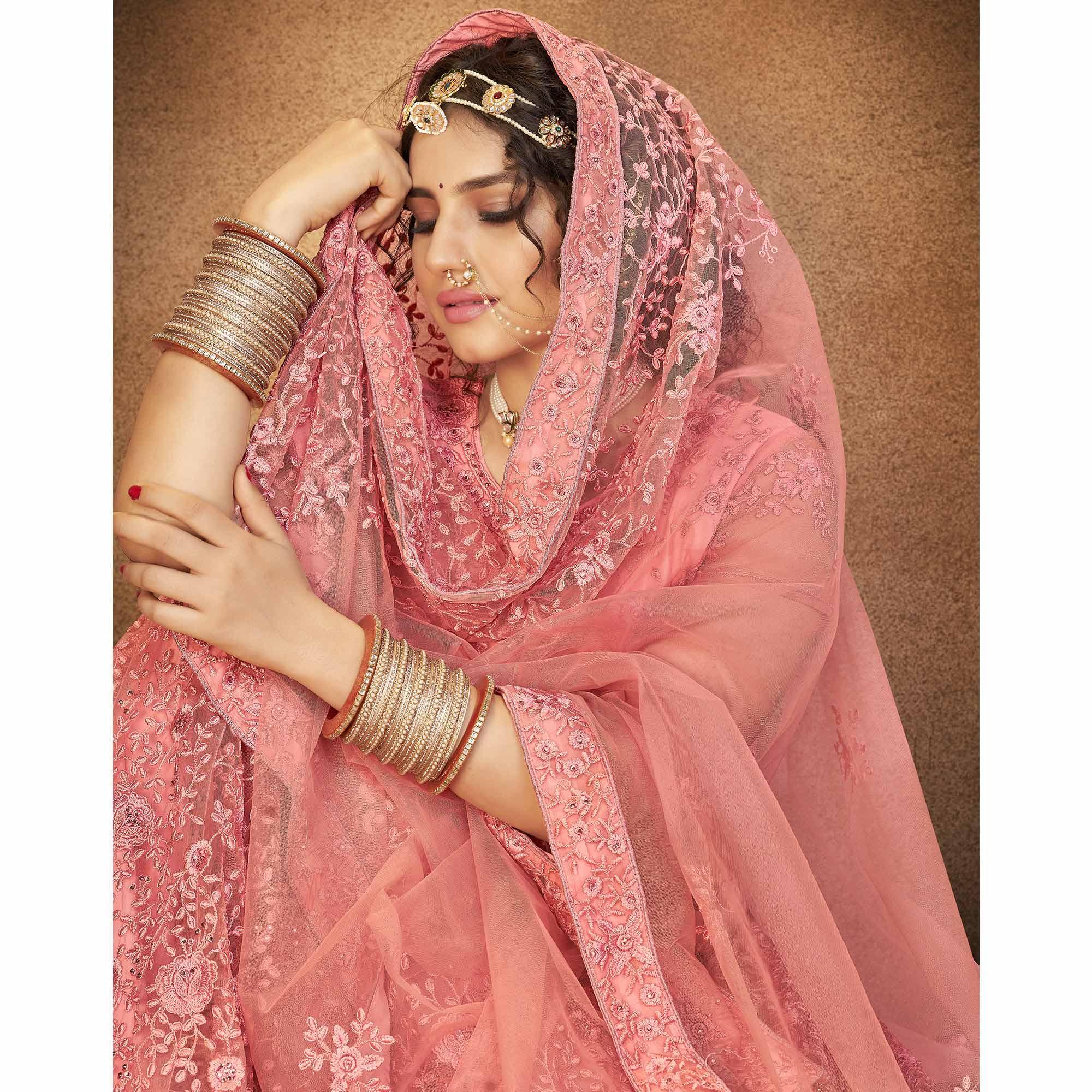 Pink Partywear Multi Sequence Embroidered Net Lehenga Choli - Peachmode