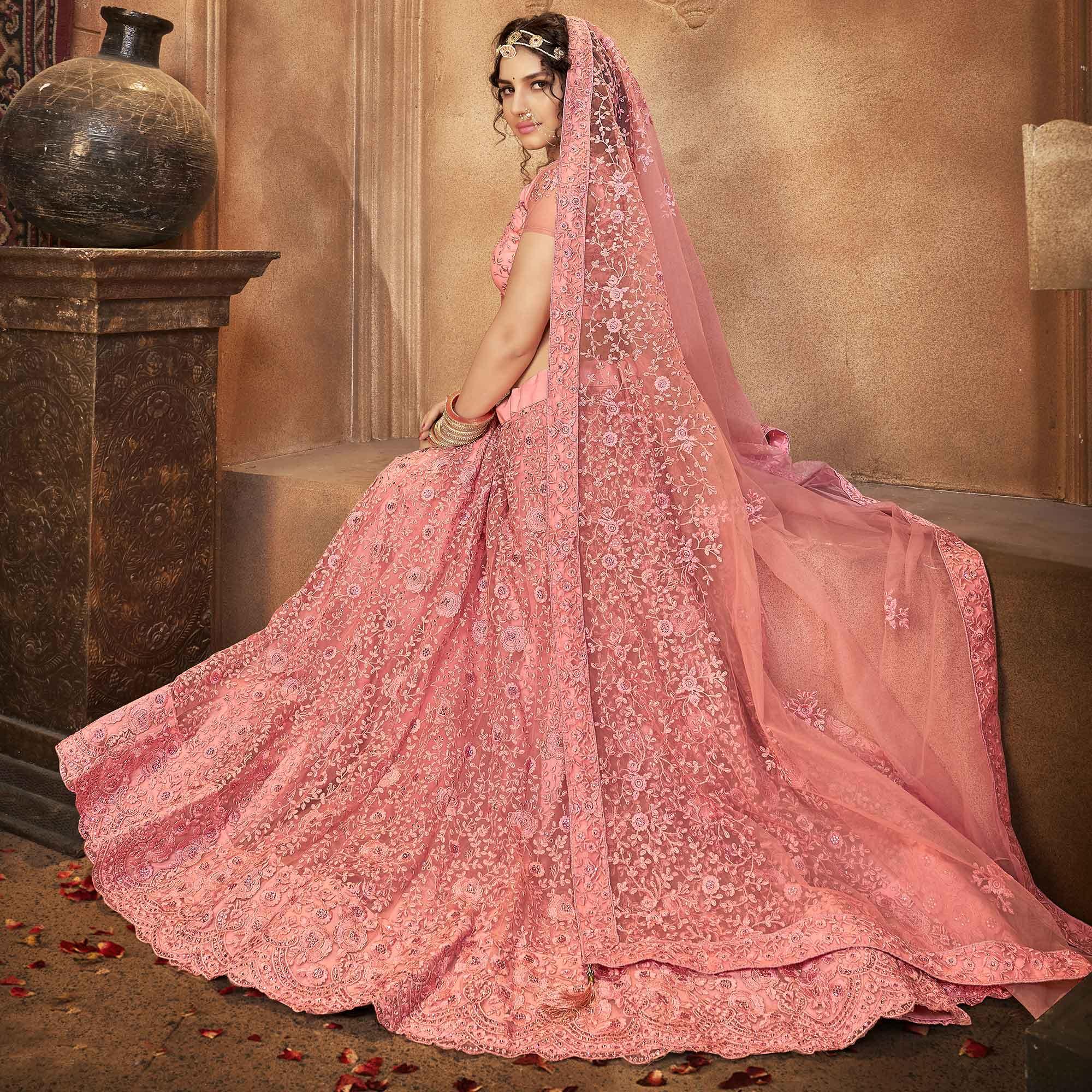Pink Partywear Multi Sequence Embroidered Net Lehenga Choli - Peachmode