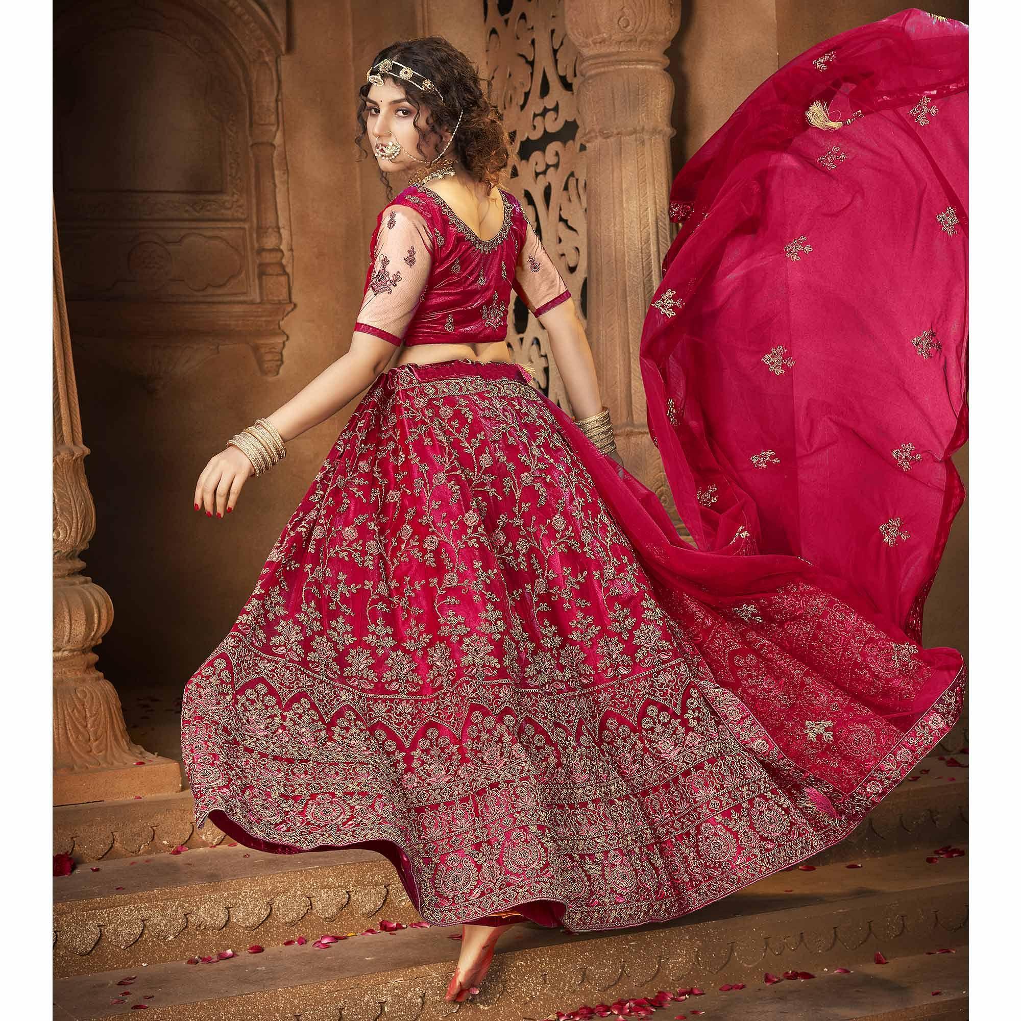 Pink Partywear Multi Sequence Embroidered Net Lehenga Choli - Peachmode