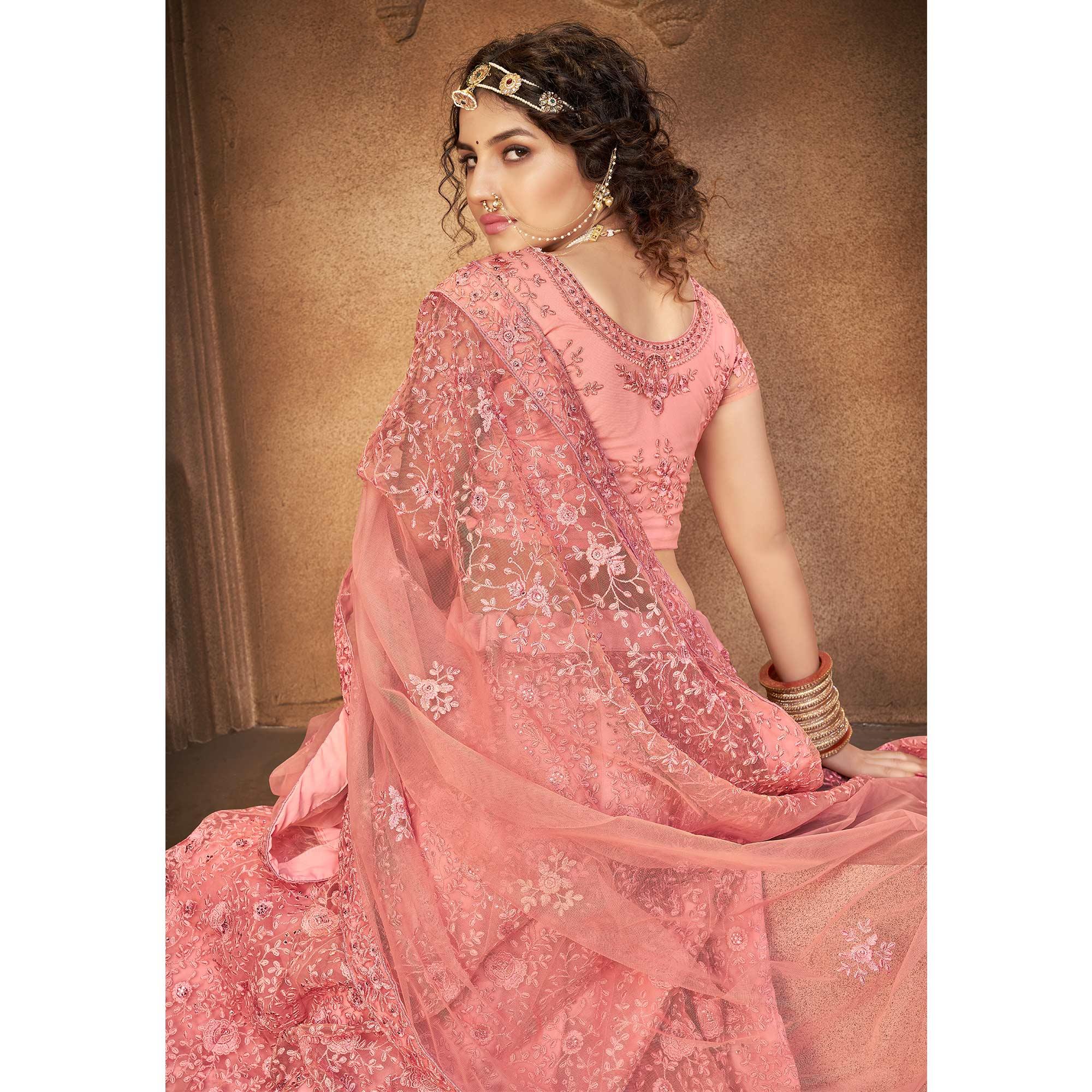 Pink Partywear Multi Sequence Embroidered Net Lehenga Choli - Peachmode