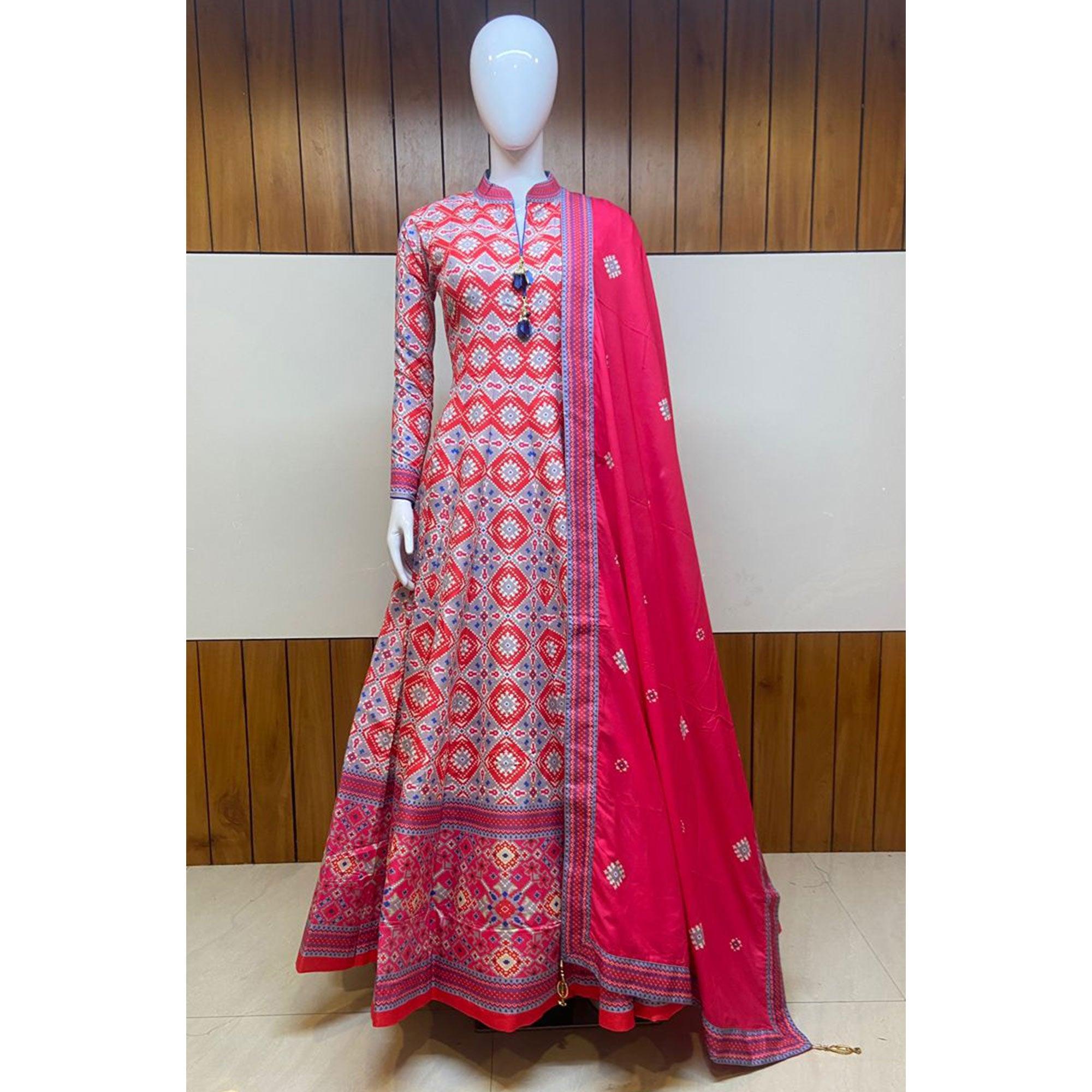 Pink Partywear Patola Digital Printed Killer Silk Anarkali Suit - Peachmode
