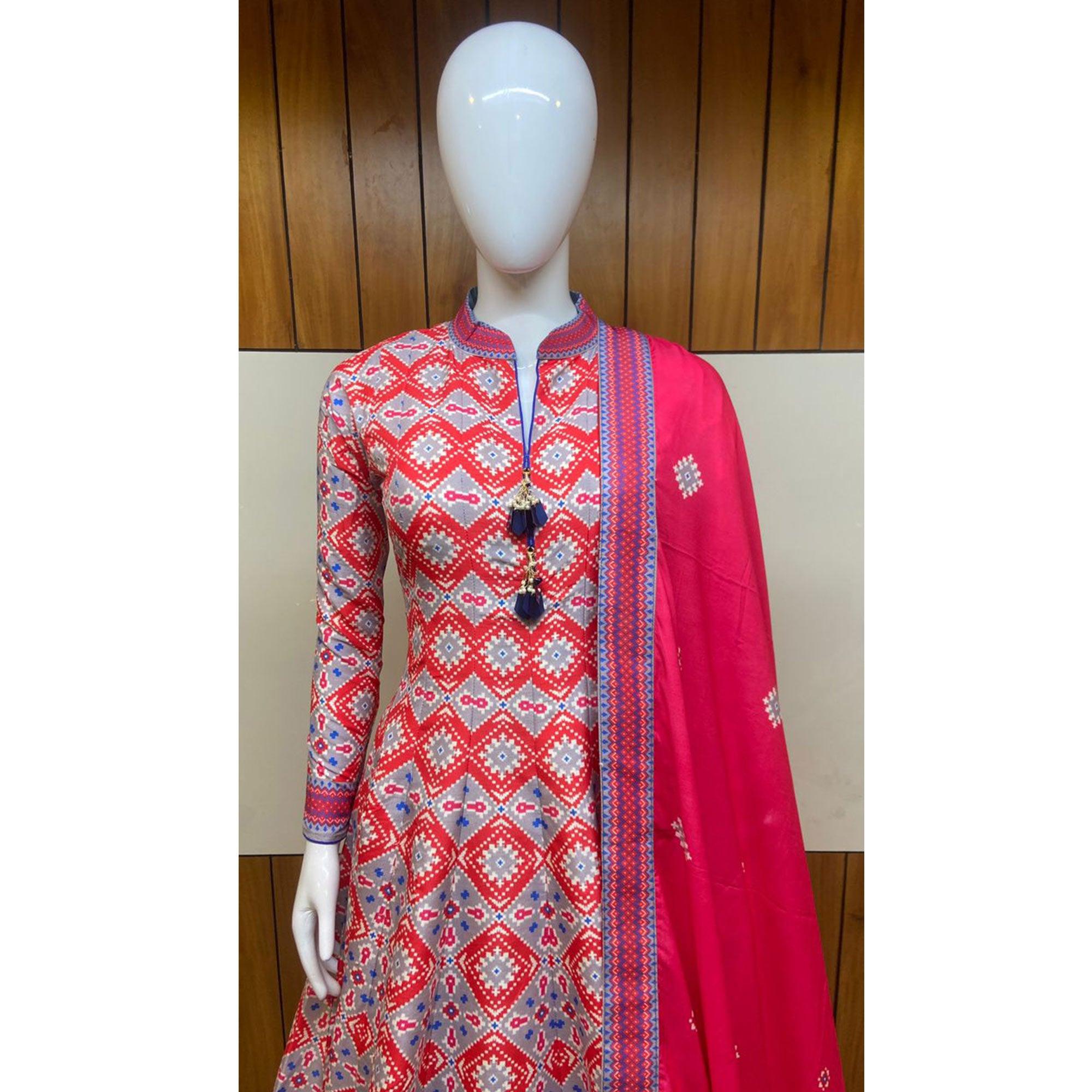 Pink Partywear Patola Digital Printed Killer Silk Anarkali Suit - Peachmode