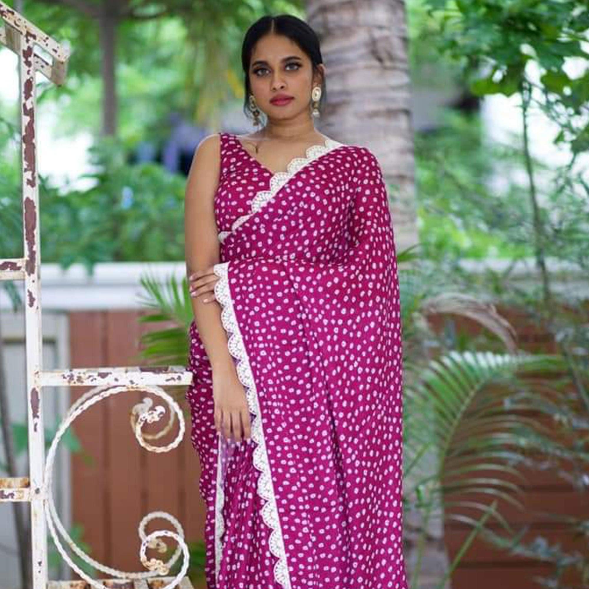 Pink Partywear Printed Georgette Saree With Coding Cutwork Lace - Peachmode