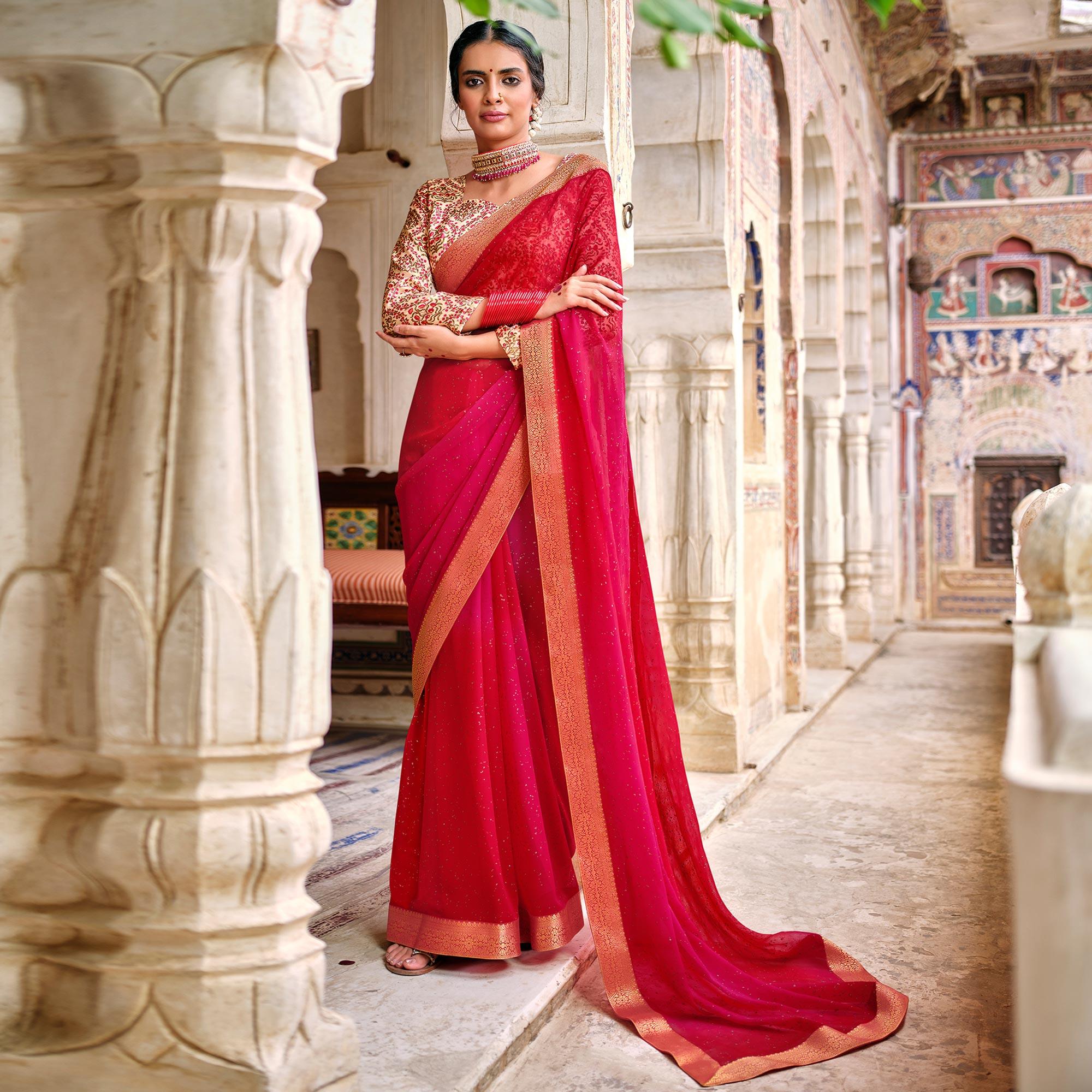 Pink Partywear Printed Georgette Saree With Gold Zari - Peachmode