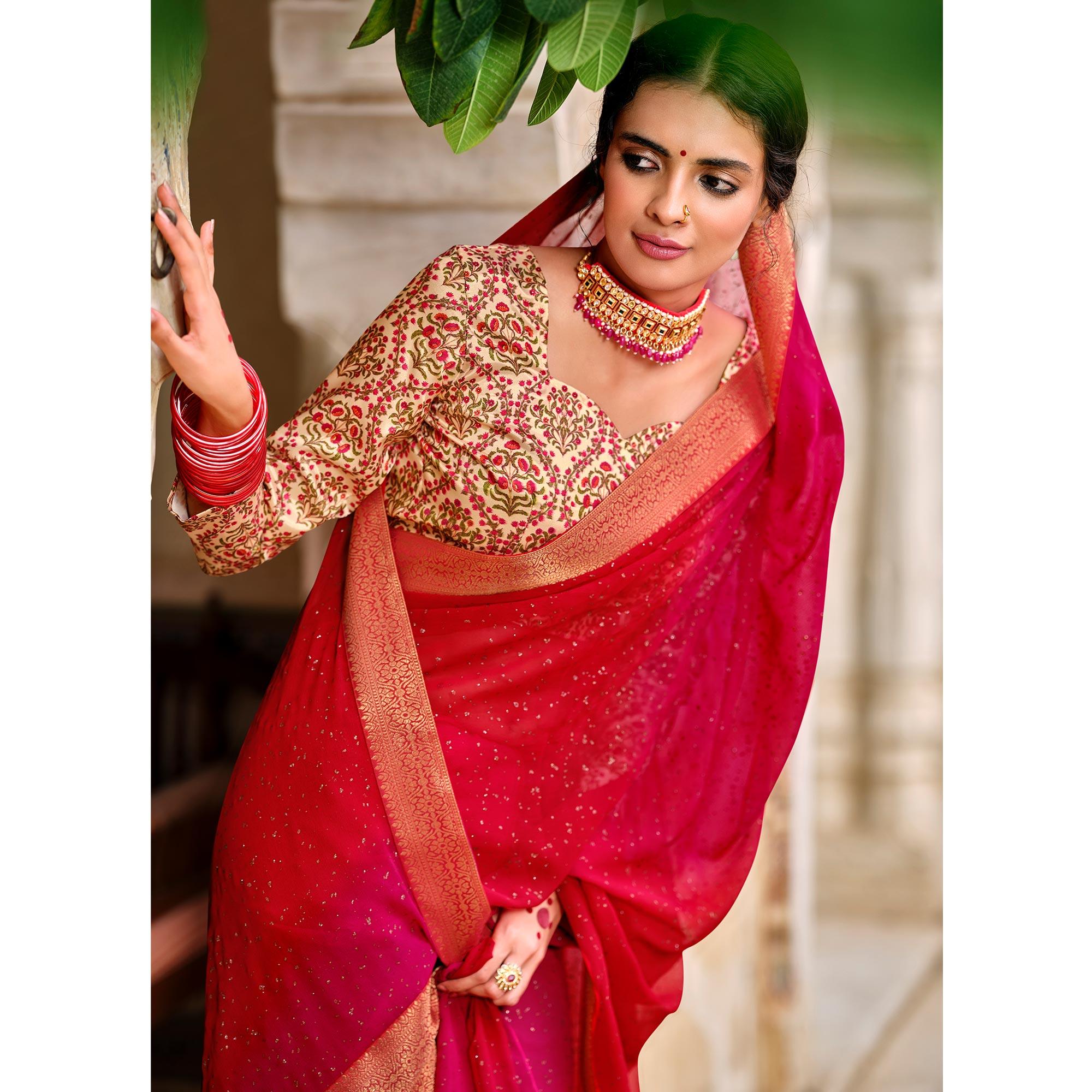 Pink Partywear Printed Georgette Saree With Gold Zari - Peachmode