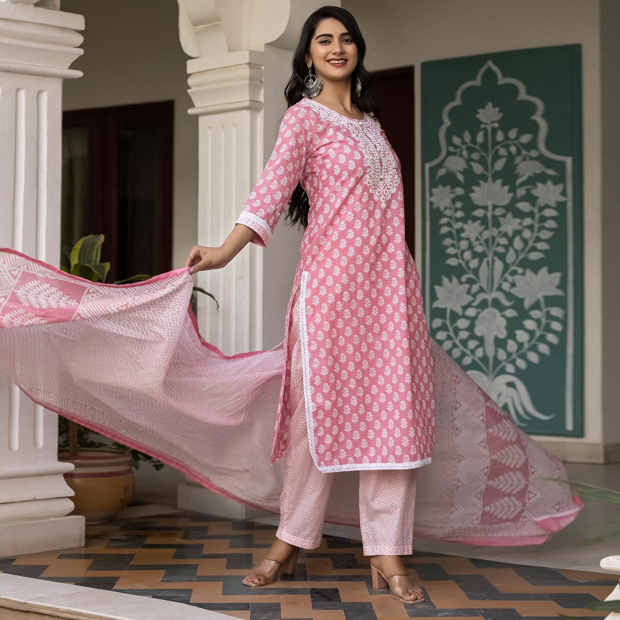 Pink Partywear Printed With Embroidery Cotton Kurti Pant Set - Peachmode