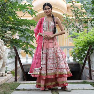 Pink Partywear Printed With Lace Work Cotton Silk Kurti - Sharara Set - Peachmode