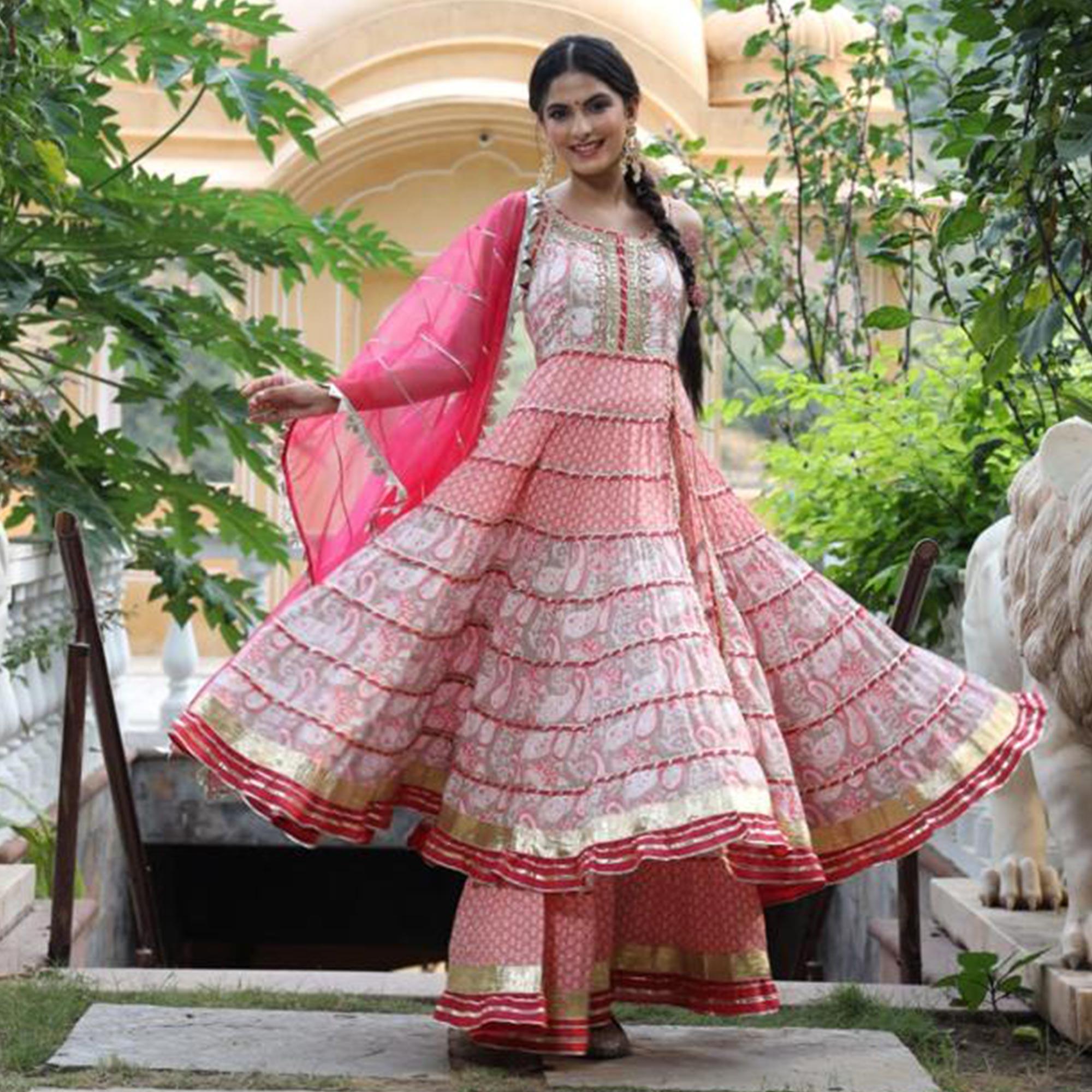 Pink Partywear Printed With Lace Work Cotton Silk Kurti - Sharara Set - Peachmode