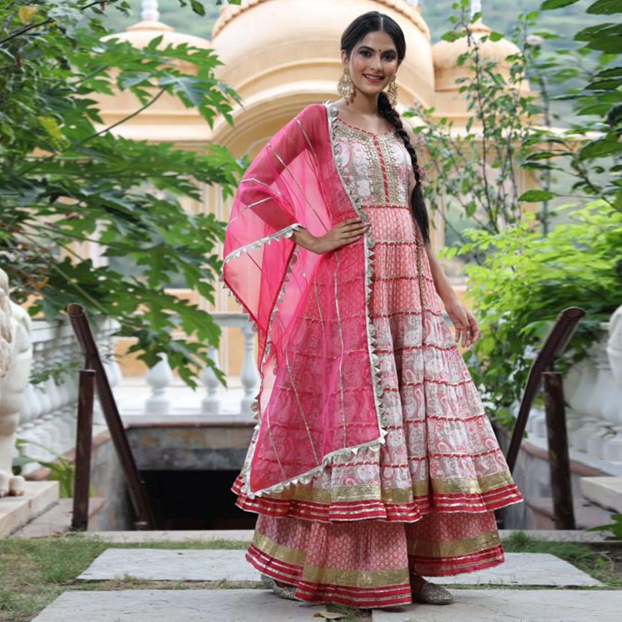 Pink Partywear Printed With Lace Work Cotton Silk Kurti - Sharara Set - Peachmode