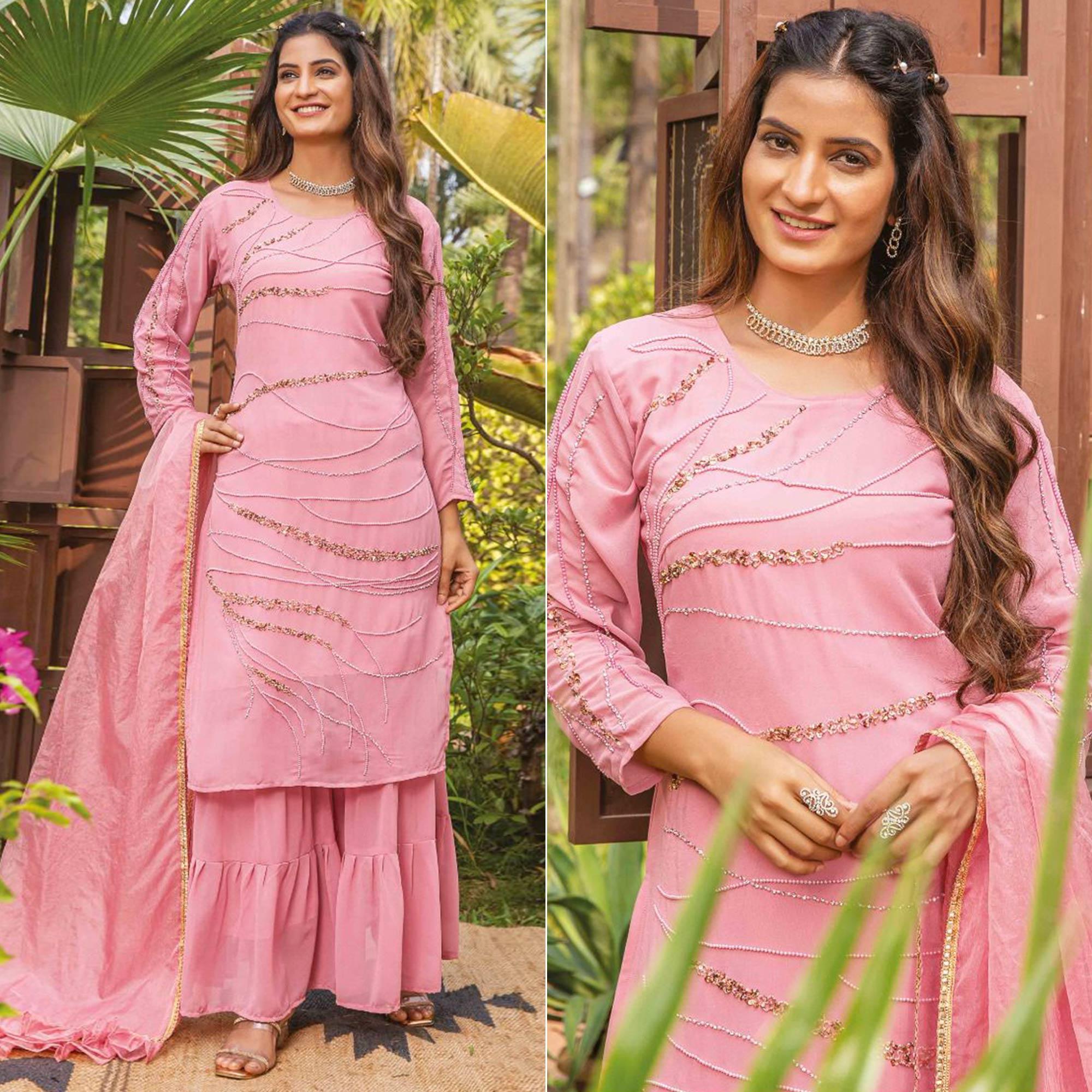 Pink Partywear Resham With Cutdana & Embellished Georgette Sharara Suit - Peachmode