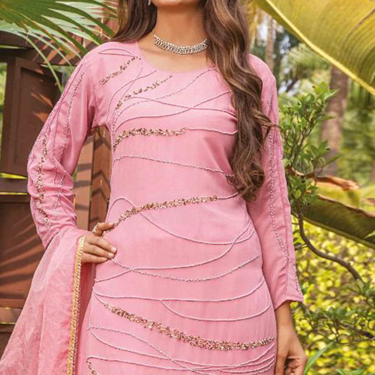 Pink Partywear Resham With Cutdana & Embellished Georgette Sharara Suit - Peachmode